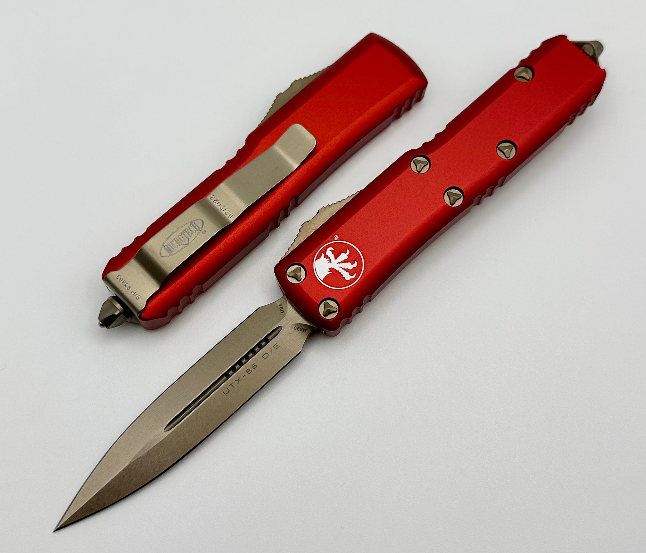 Premium Microtech UTX-85 Double Edge Bronze & Red EDC Knife