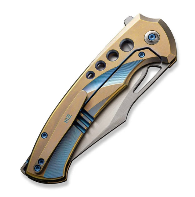 Premium WE Knife Swiftfin: Golden/Blue Titanium Handles with Blue Holes & Hand Satin 20CV Blade WE23051-4