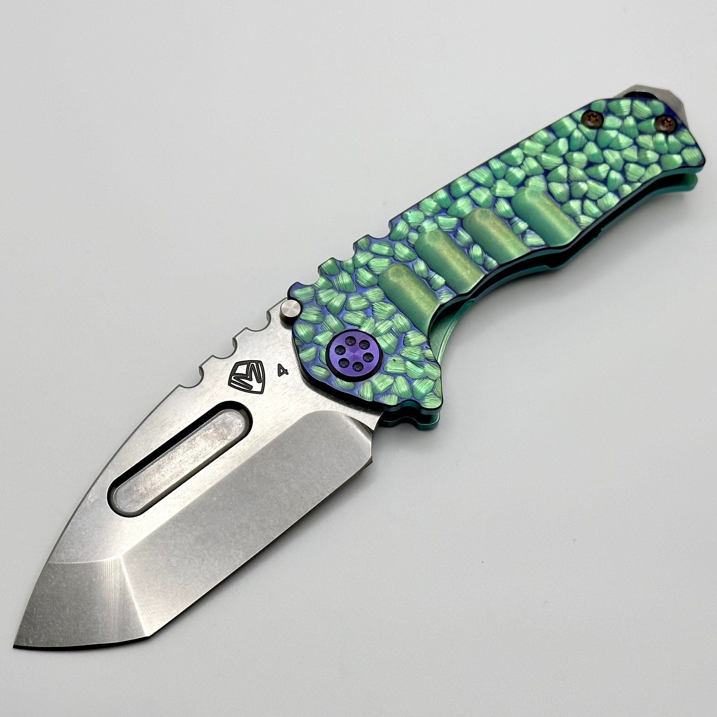 Medford Praetorian Genesis Tanto Knife - Ecto Green with Violet Hardware & S45VN Blade