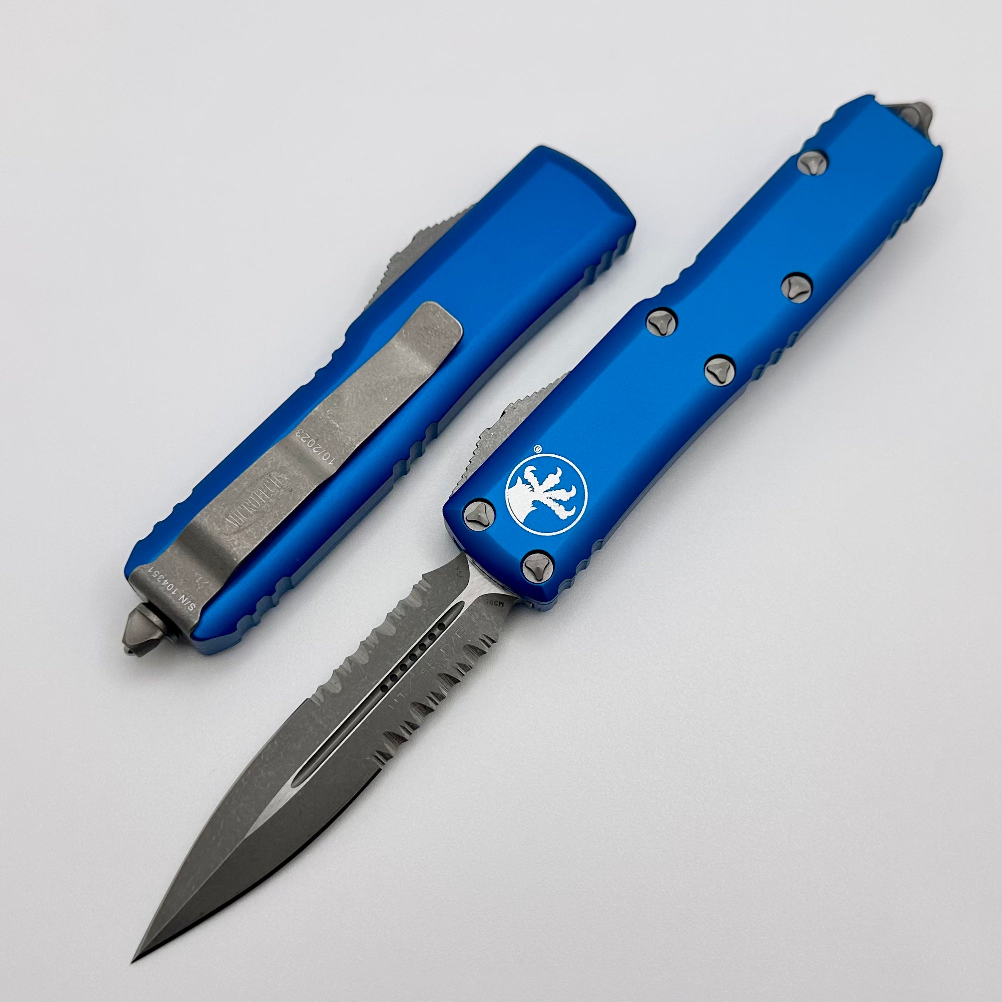 Microtech UTX-85 Premium Apocalyptic Double Edge Knife - Blue Partial Serrated