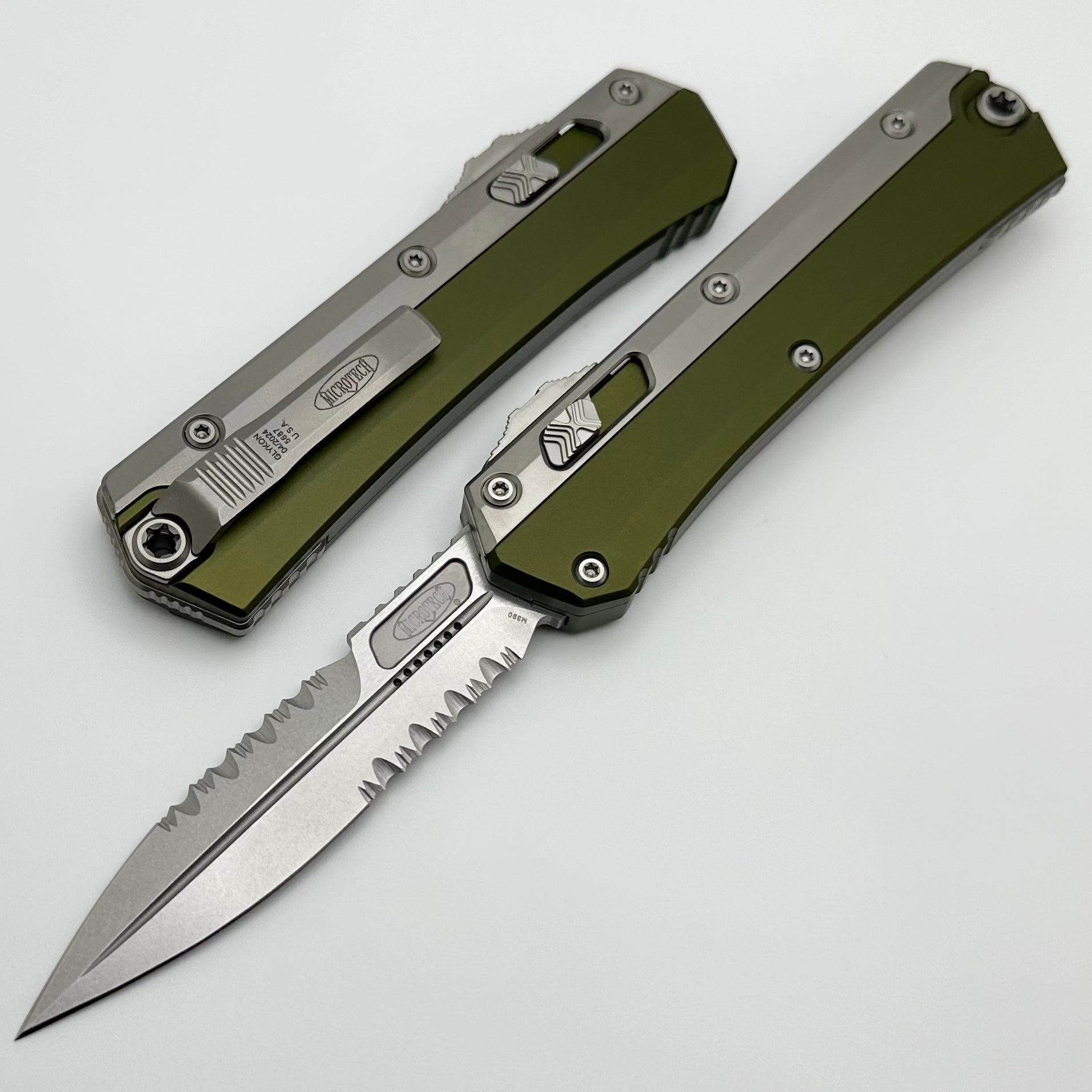 Premium Microtech Glykon Tactical Knife - Stonewash Serrated Blade & OD Green Handle