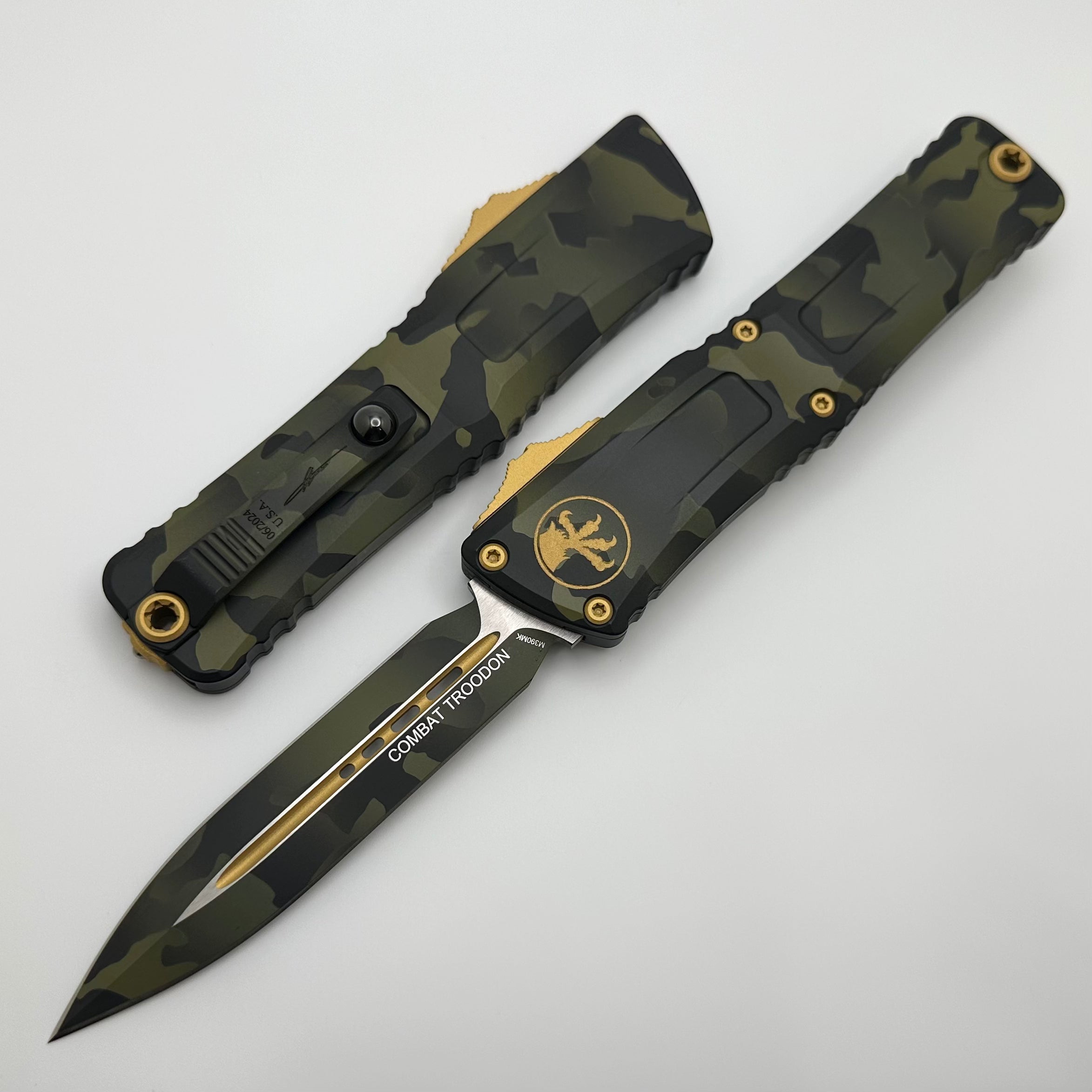 Microtech Combat Troodon Gen III Olive Camo Gold Accents OTF Knife - Ultimate Tactical EDC