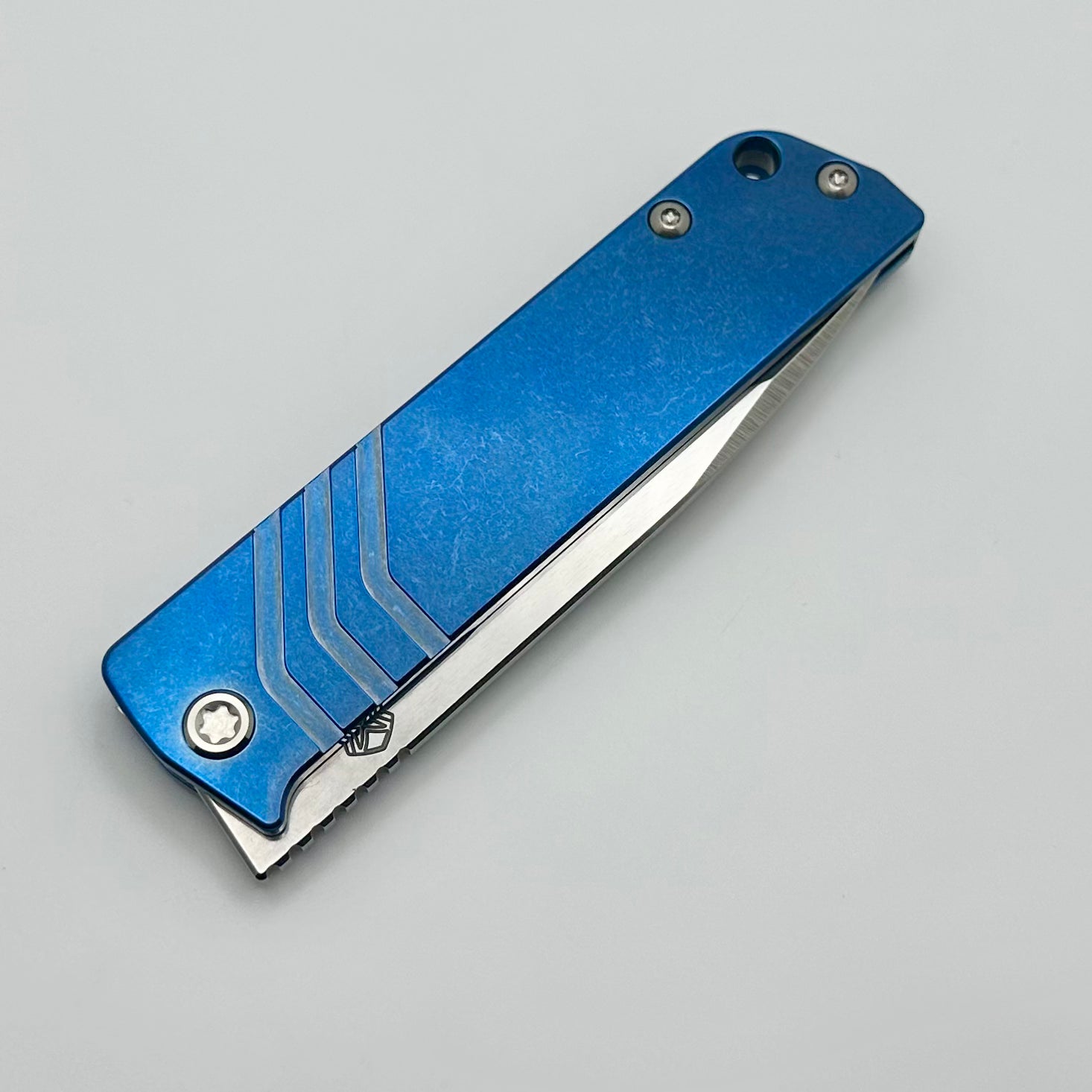 Medford Antik Premium Front Flipper Knife - S45VN Drop Point & Blue Titanium Handles