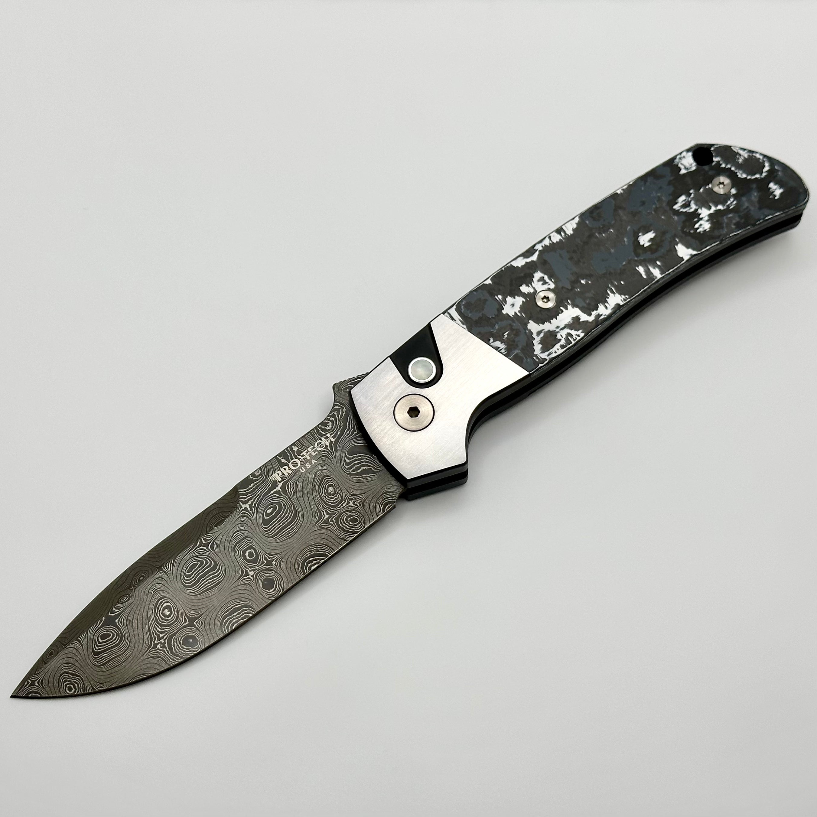 Pro-Tech ATCF Monochrome Custom Two Tone DLC 416 Steel w/ White Storm Fat Carbon Inlays & Black Lip Pearl Button w/ Chad Nichols Virus Damascus Enthusiast 2023 Edition PRE OWNED