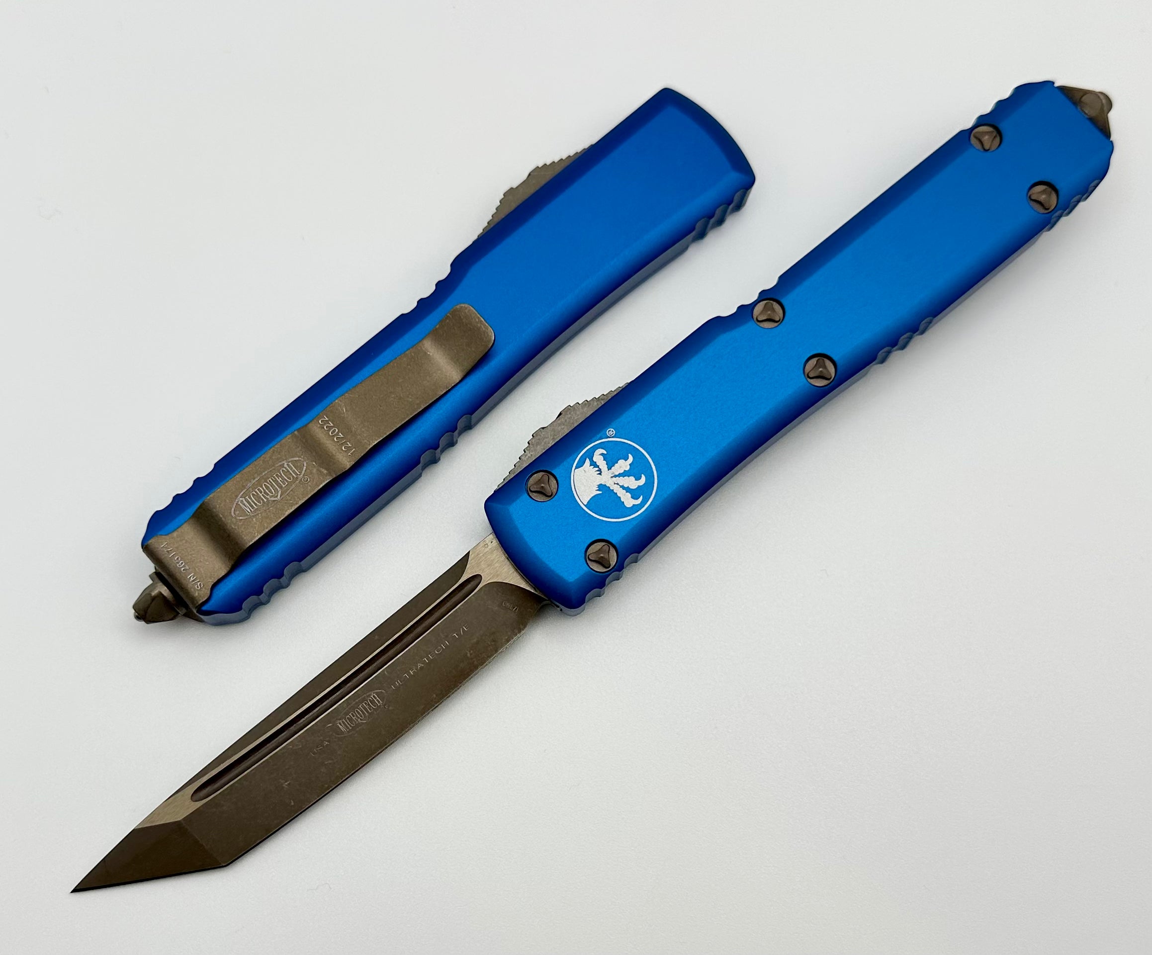 Premium Microtech Ultratech Tanto Bronze Apocalyptic Knife with Blue Accents