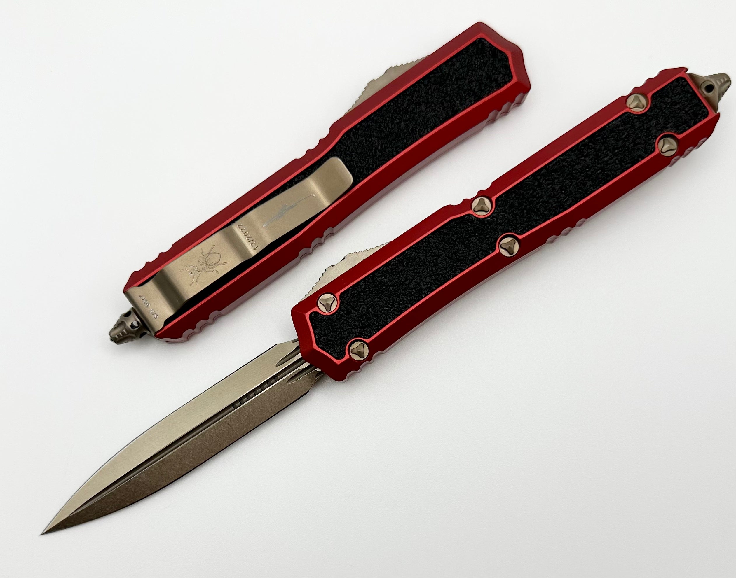 Premium Microtech Makora Bronze Double Edge Knife with Red Accents