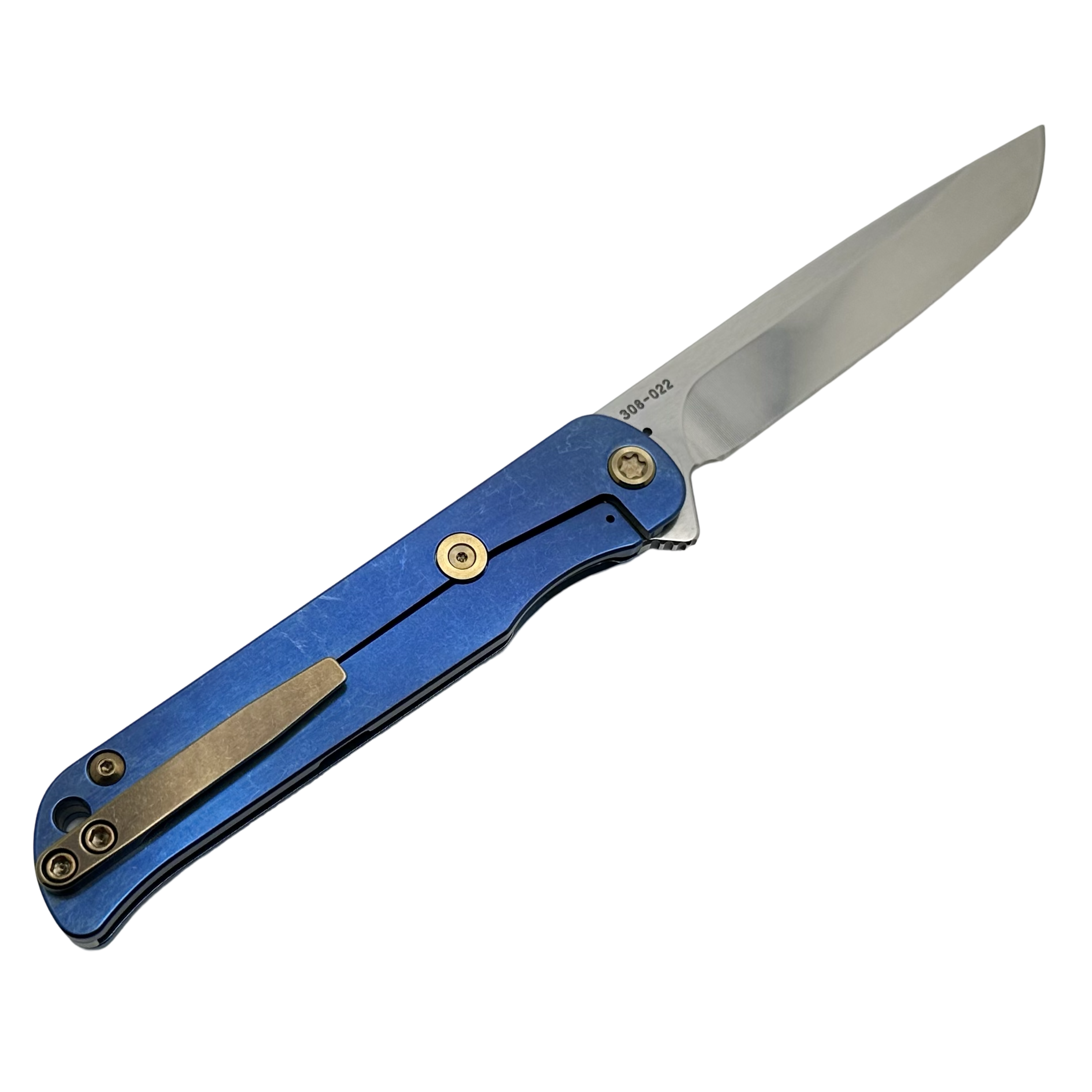 Premium Medford T-Bone Titanium Framelock Flipper Knife - Blue Tumbled Finish with Mosaic Inlays & Bronze Hardware