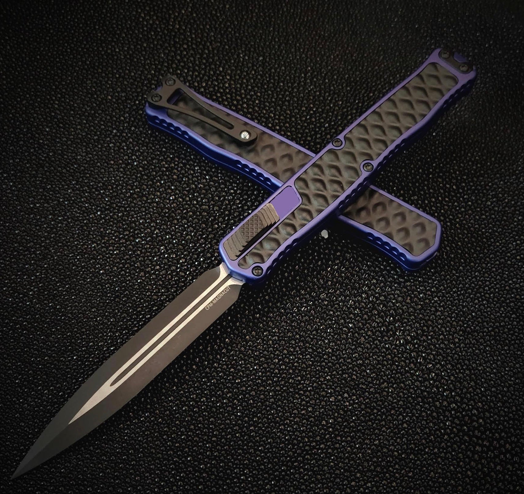 Ultimate Heretic Knives Cleric II - Black Double Edge Magnacut with Purple & Black Stainless Bubble Inlays