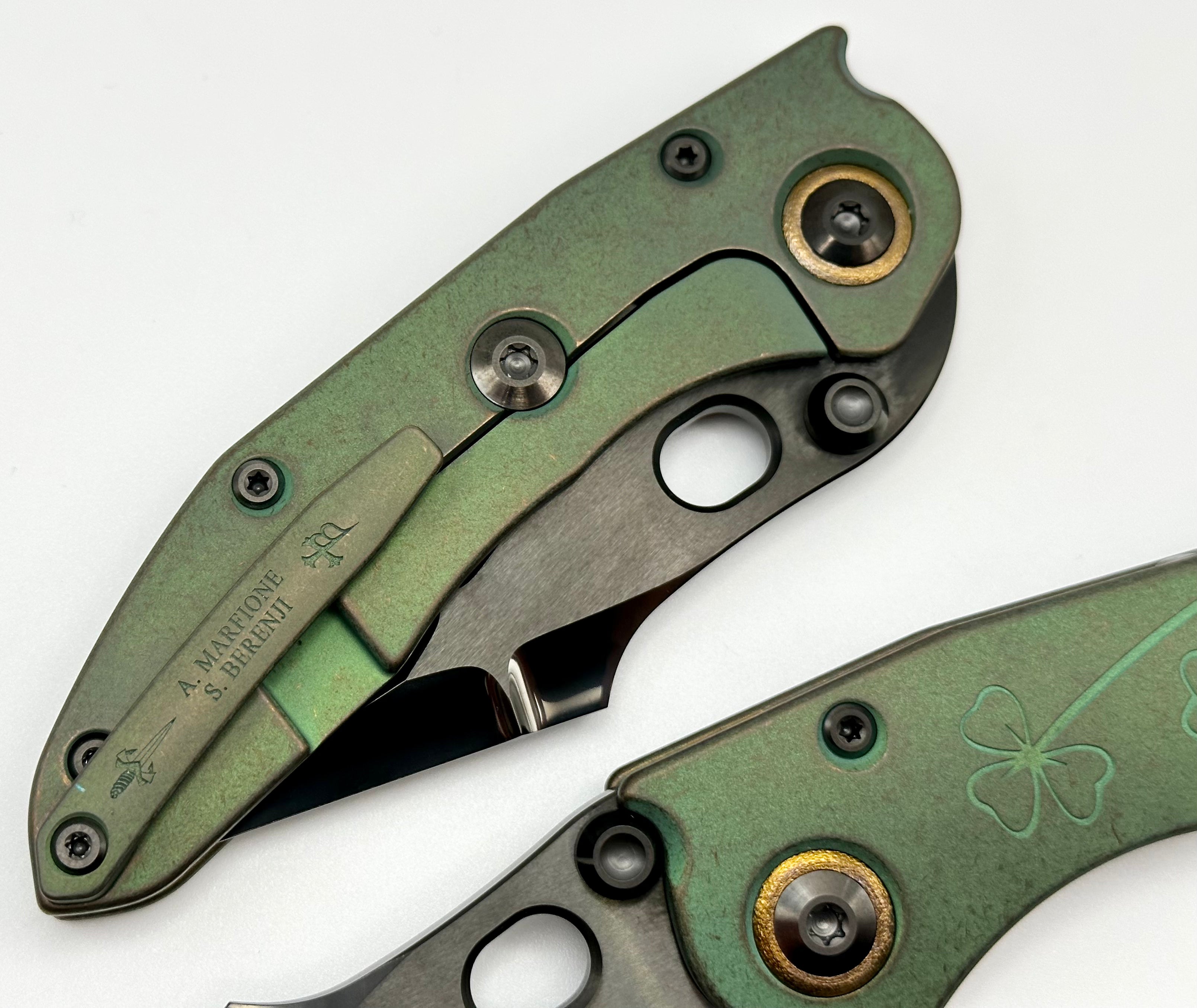 Premium Marfione Custom Knives & Borka Blades Antique Green Lucky Stitch - Limited Edition M390 Blade