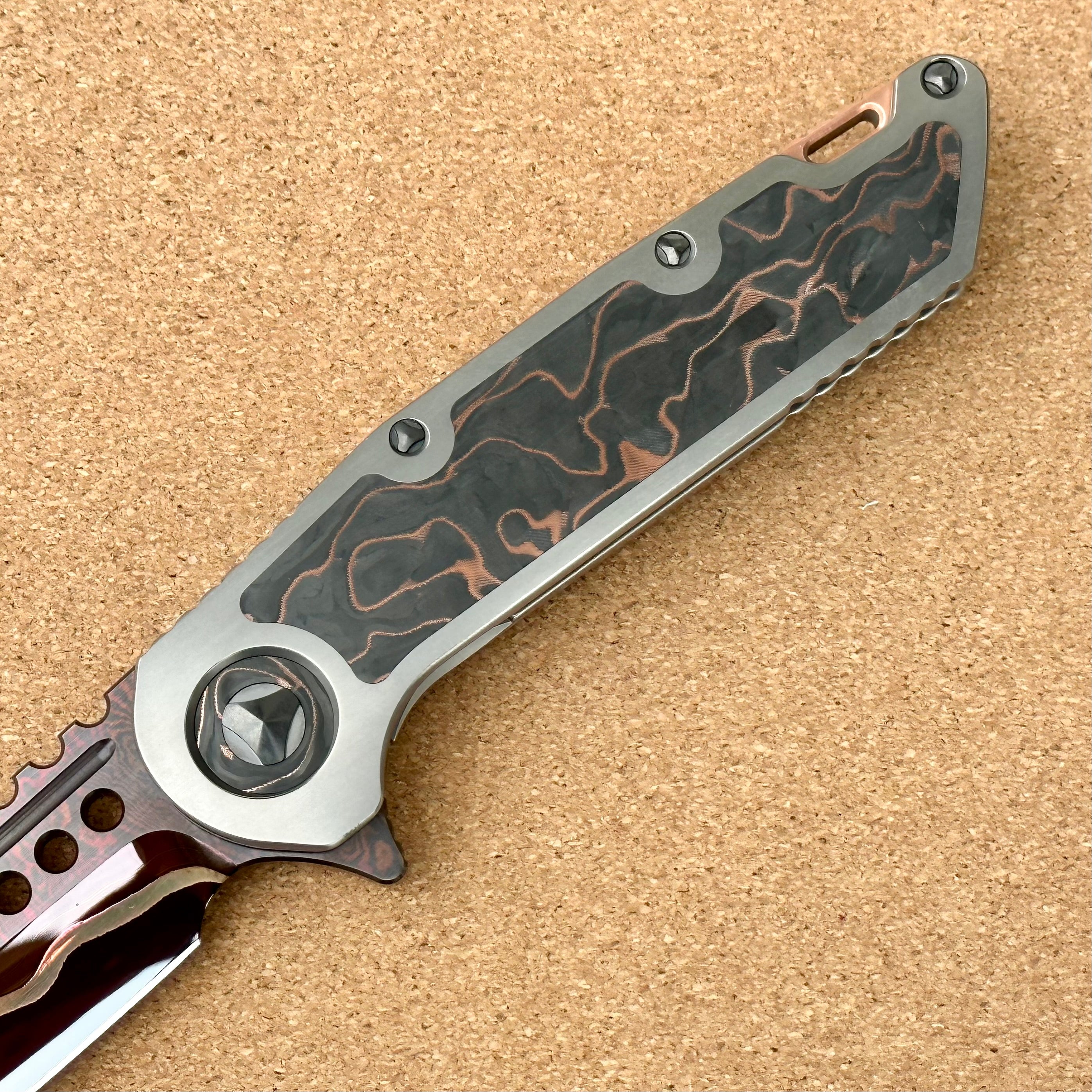 Marfione Custom Warhound Titanium Damascus Knife with Copper Carbon Fiber Inlay