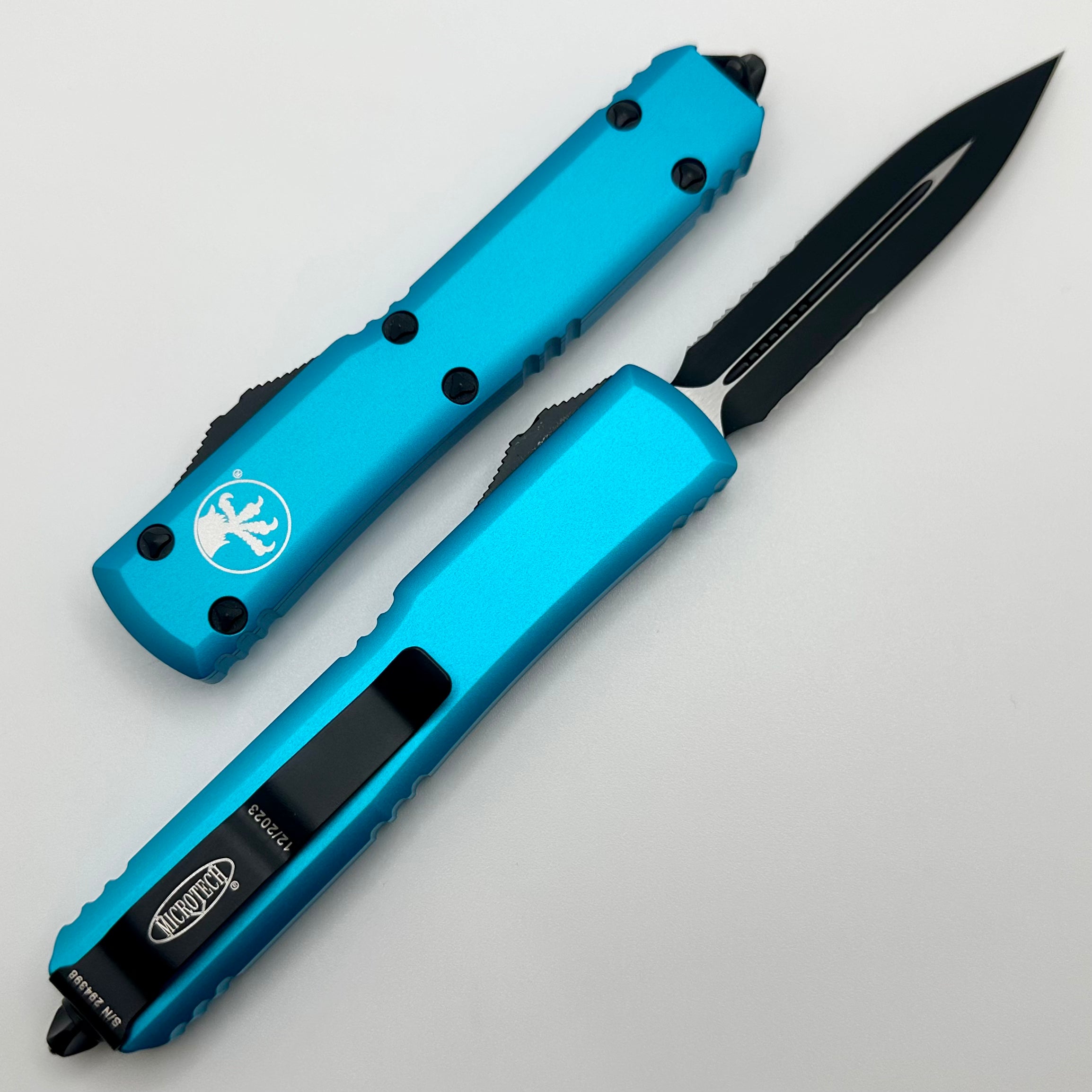 Premium Microtech Ultratech OTF Knife - Black Partial Serrated & Turquoise