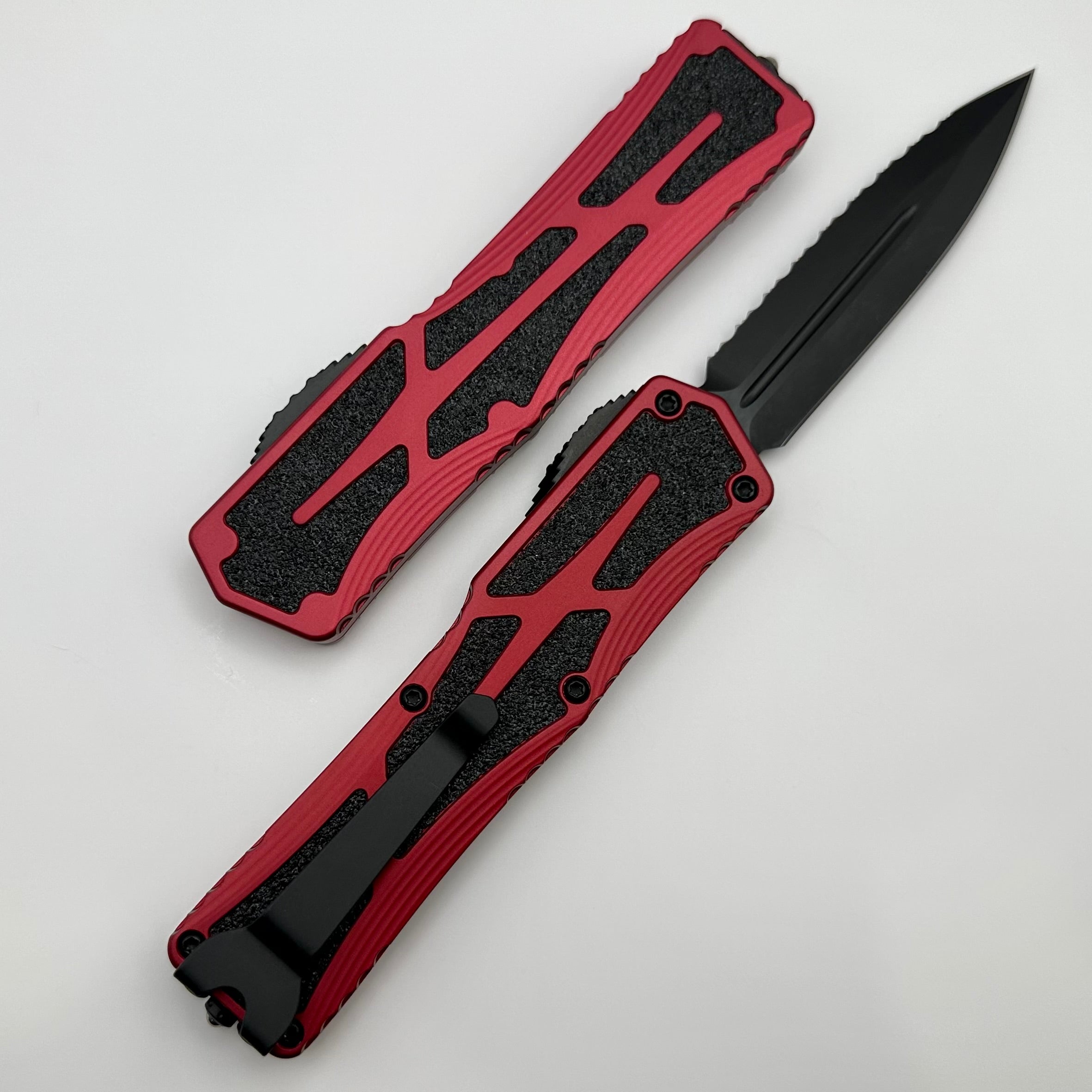 Heretic Knives Colossus DLC Double Edge Serrated Magnacut Tactical Knife - Red Aluminum Handle