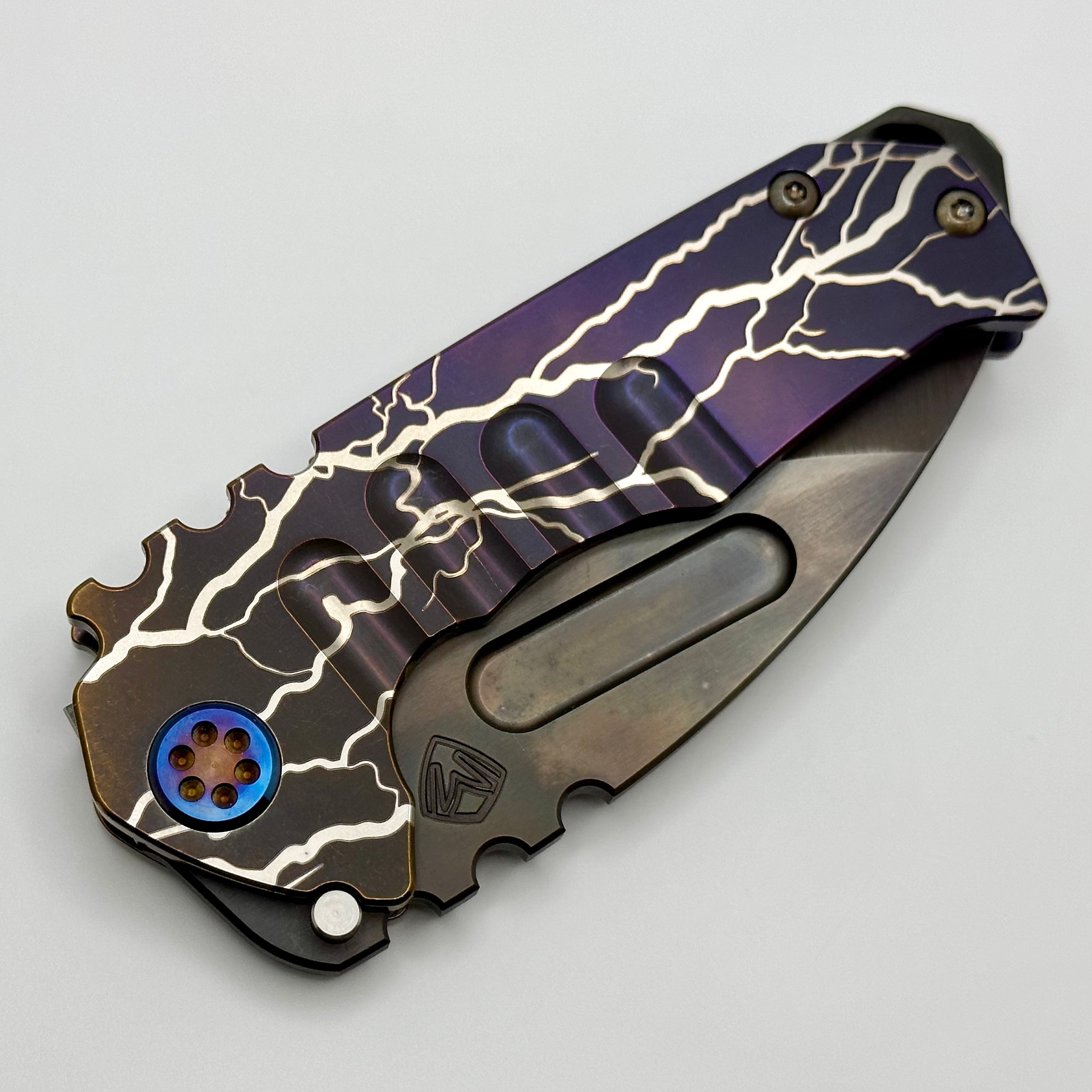 Medford Praetorian Genesis T Folding Knife - Premium S45VN Blade, Lightning Strike Engraved Bronze/Violet Handles, Flamed Hardware