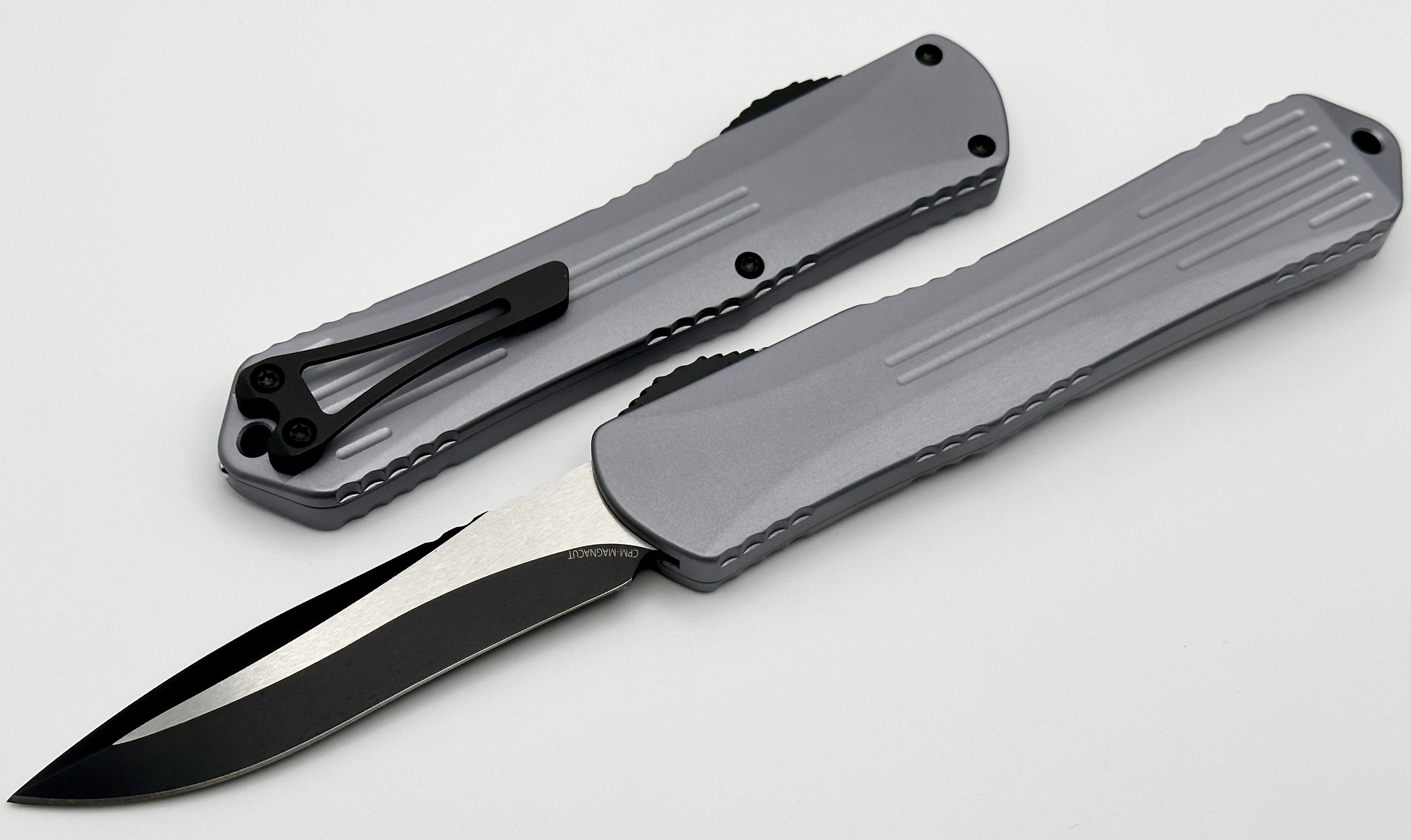 Heretic Knives Manticore X Premium OTF Knife - Gray & Two Tone Battleworn Black, MagnaCut Blade