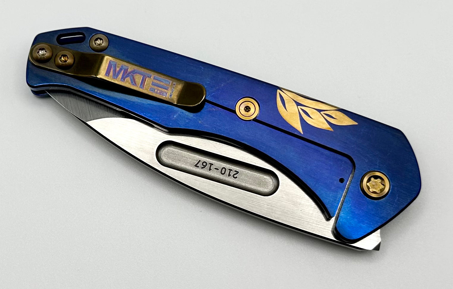 Medford Praetorian Slim Tumbled S45VN Drop Point - Premium Blue Filigree & Bronze Hardware