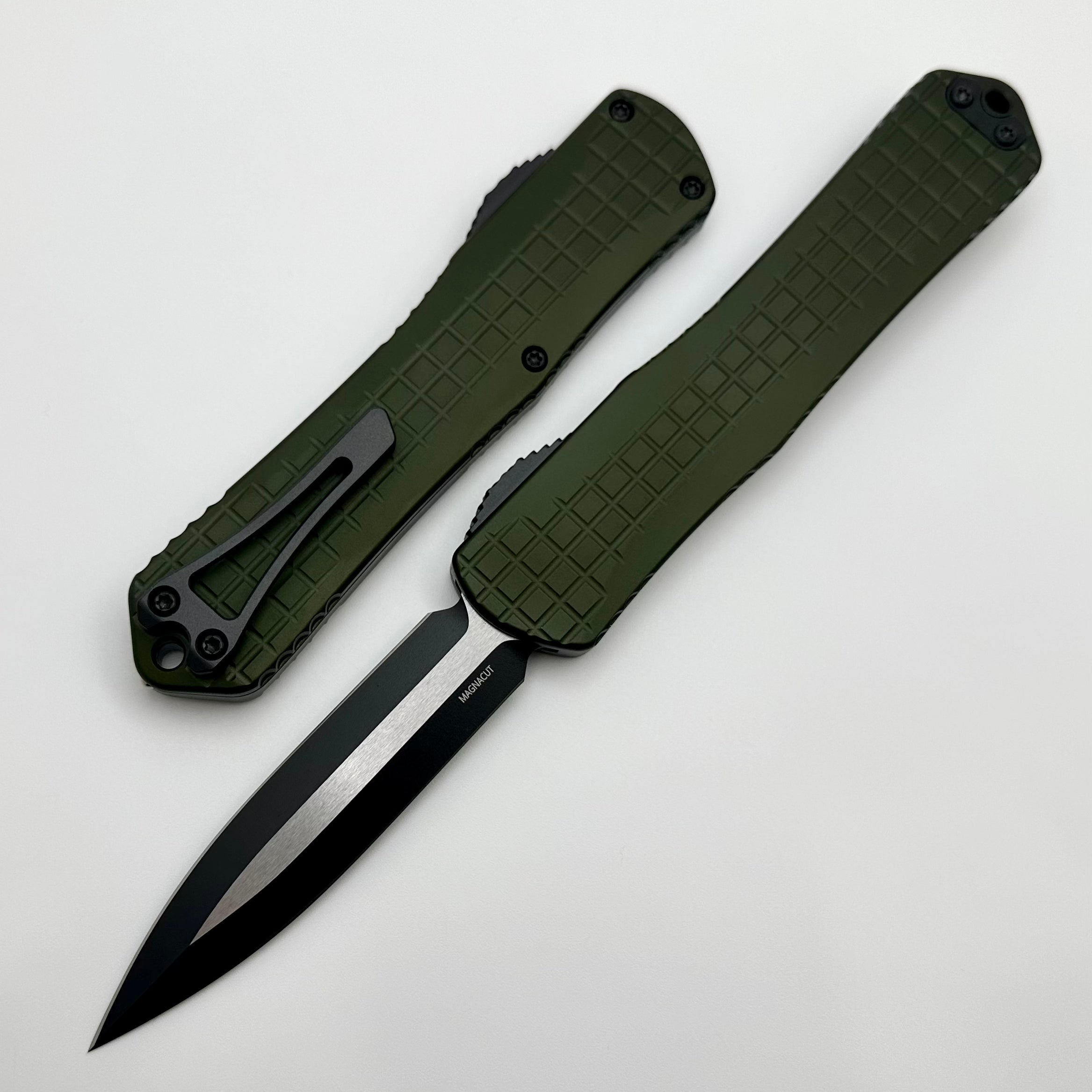 Heretic Knives Manticore X Premium OTF Knife - Green Frag Handle & Two-Tone Black MagnaCut Blade