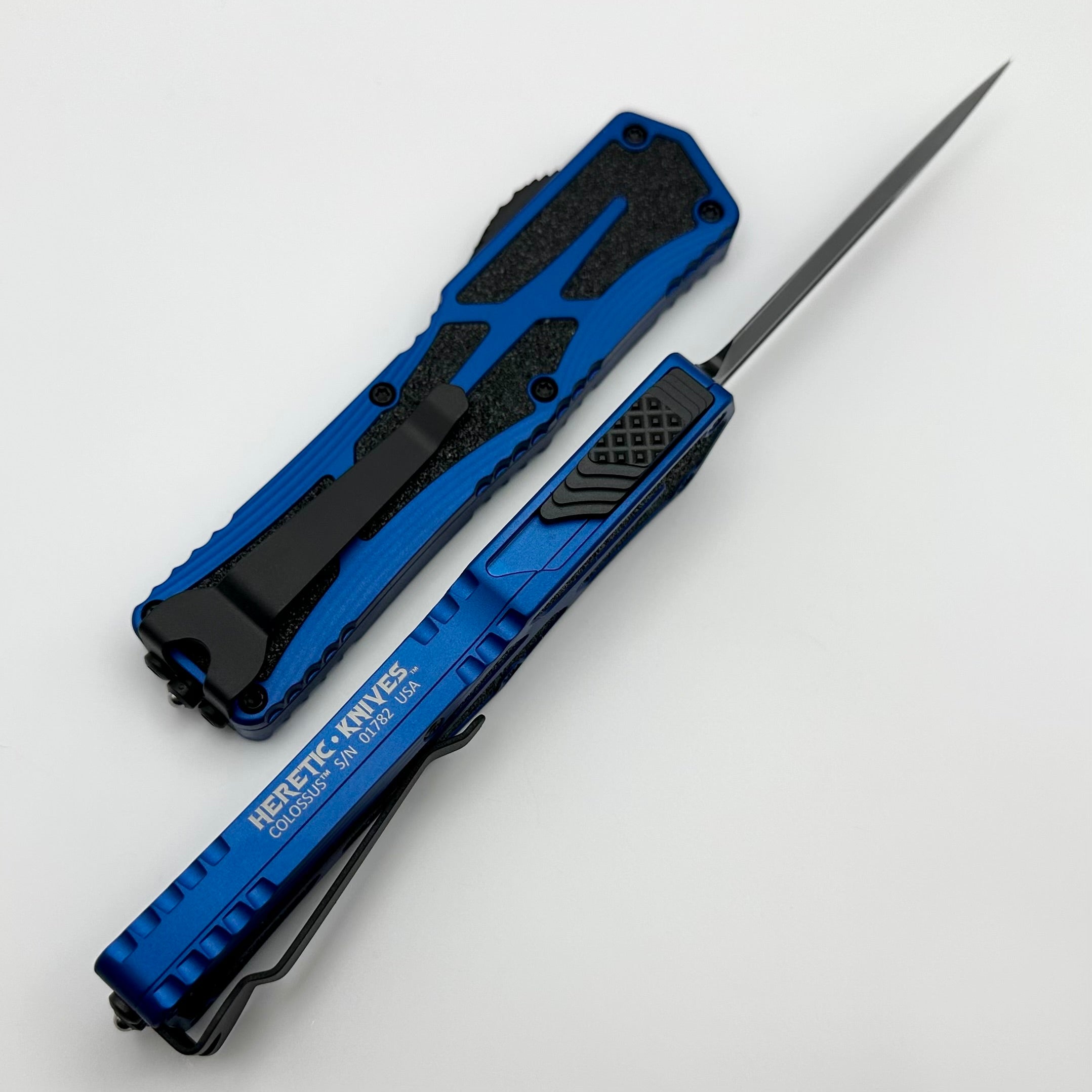 Heretic Knives Colossus DLC Magnacut Double Edge Tactical Knife - Blue Aluminum Handle