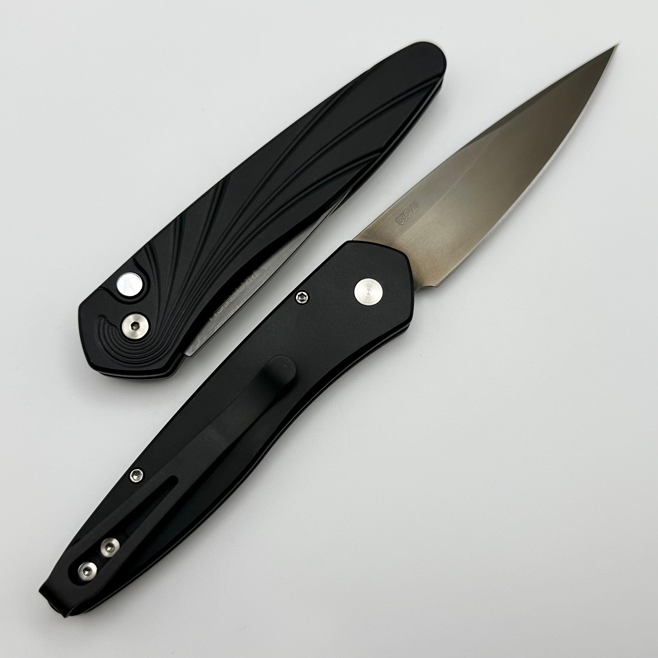 Premium Pro-Tech Newport Black 3D Wave Folding Knife with Mother of Pearl Button & Smokey Grey S35VN Blade
