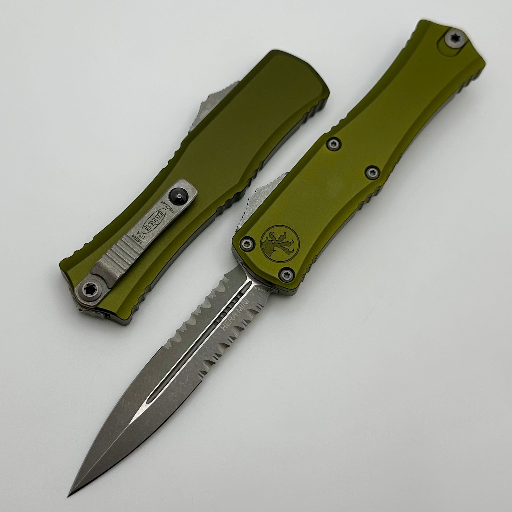 Microtech Mini Hera Apocalyptic OTF Knife - M390MK Steel, OD Green Handle, Double Edge