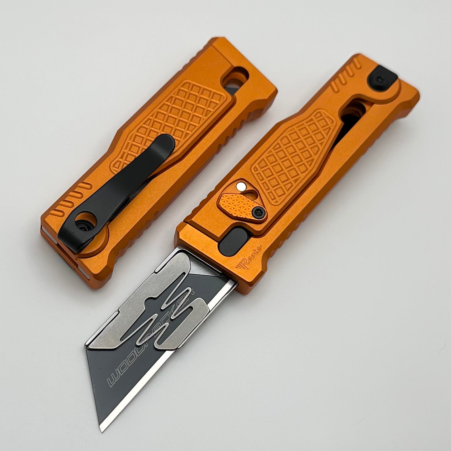 Reate EXO-U Premium Utility Knife with Diamond Pattern Orange Aluminum Handle