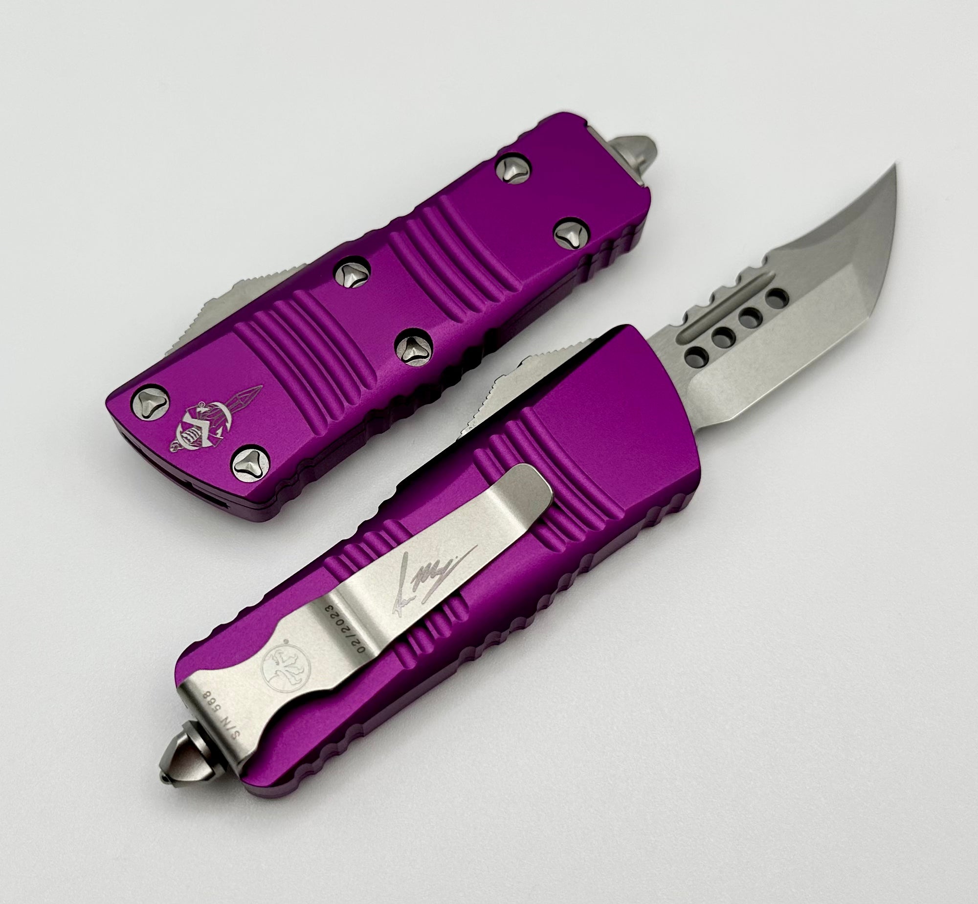 Premium Microtech Mini Troodon Hellhound - Stonewash & Violet Signature Series