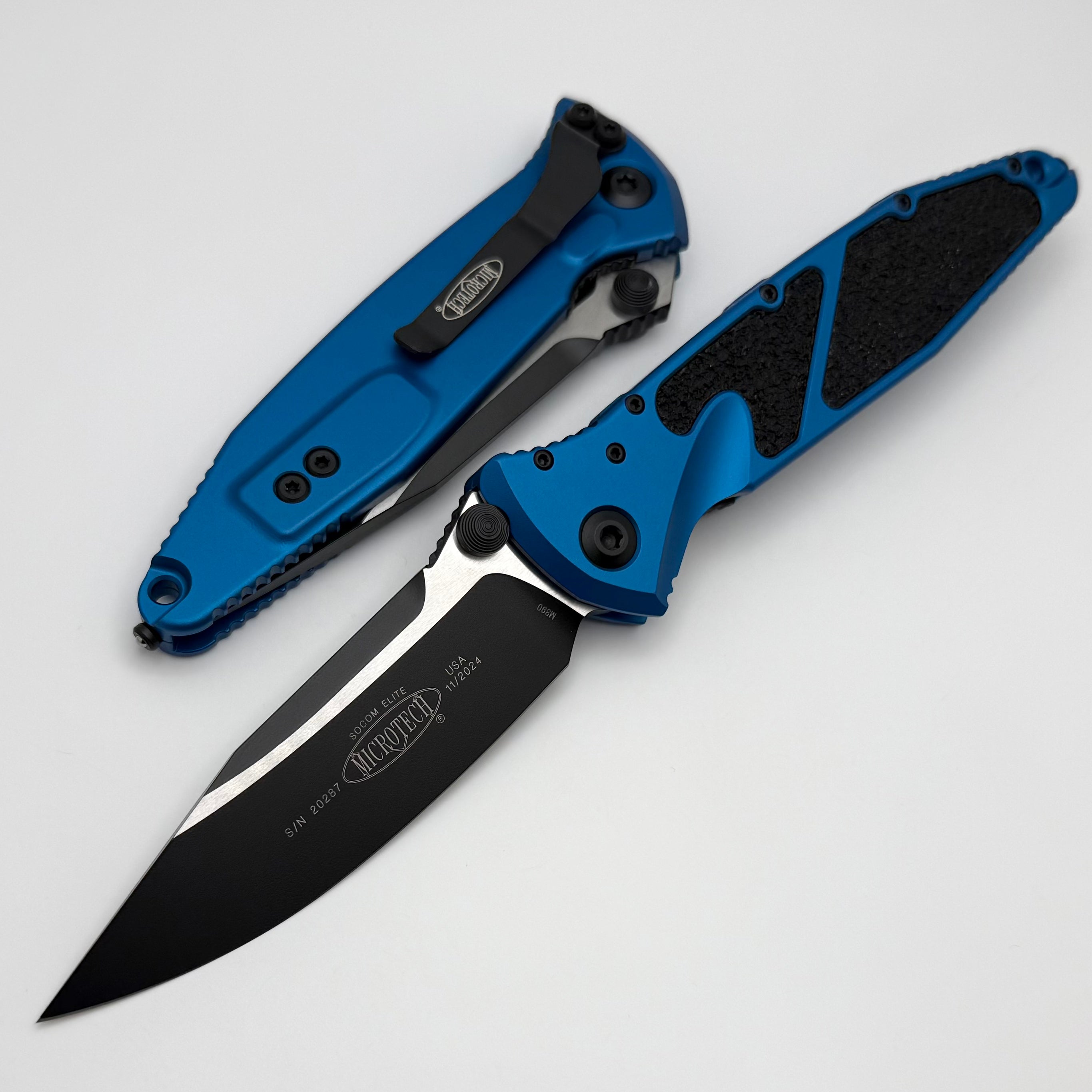 Microtech Socom Elite Manual Tactical Knife - Black Blade, Blue Handles