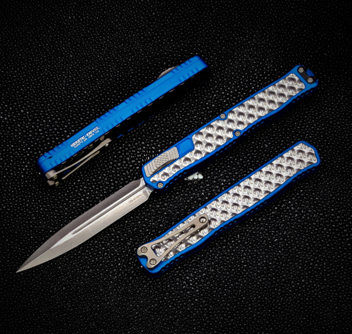 Heretic Knives Cleric II 2: Premium Double Edge Magnacut Blade with Blue & Stainless Bubble Inlays