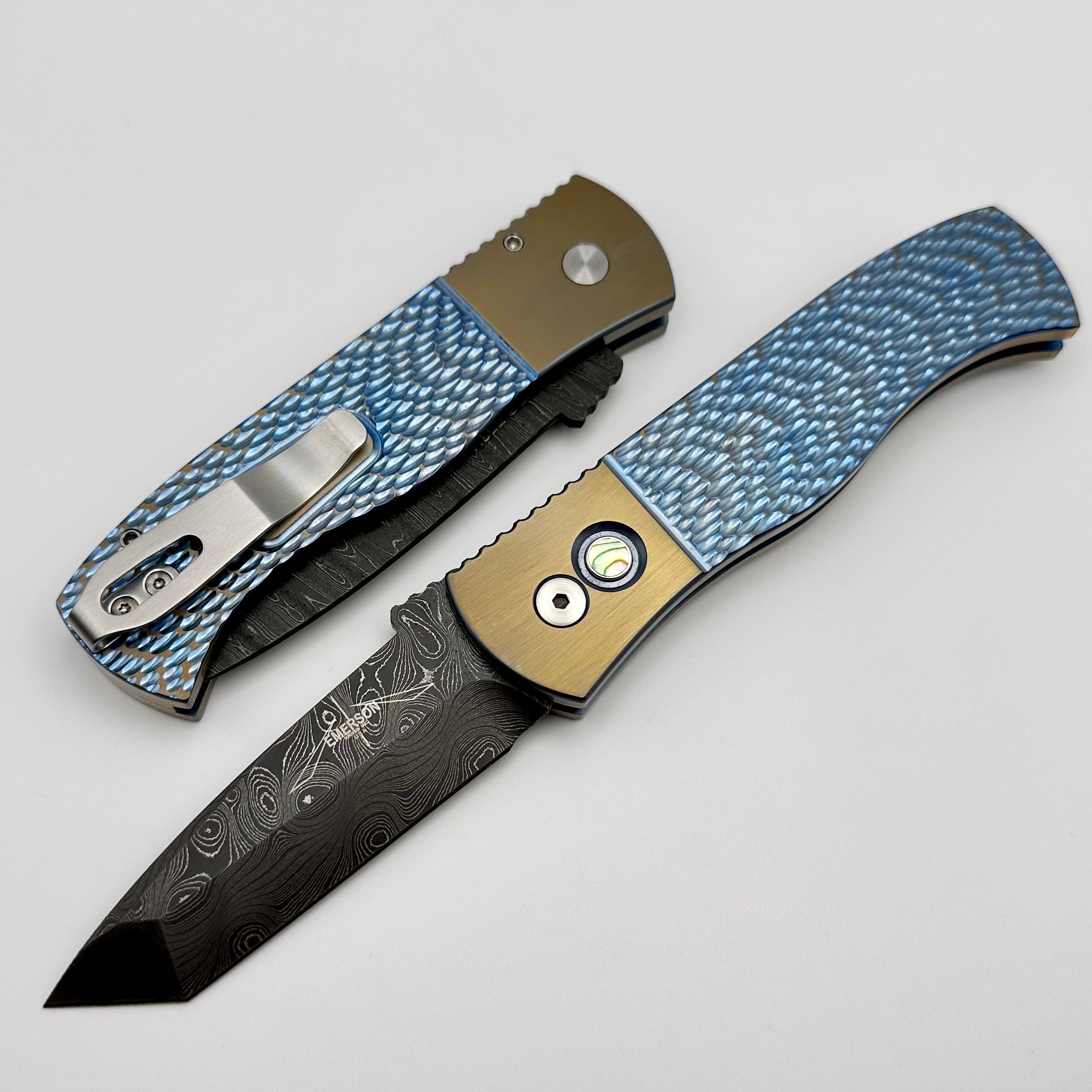 Premium Pro-Tech Emerson CQC7 Tactical Knife - Titanium Blue/Bronze Handle with Abalone Button & Damascus Chisel Tanto Blade