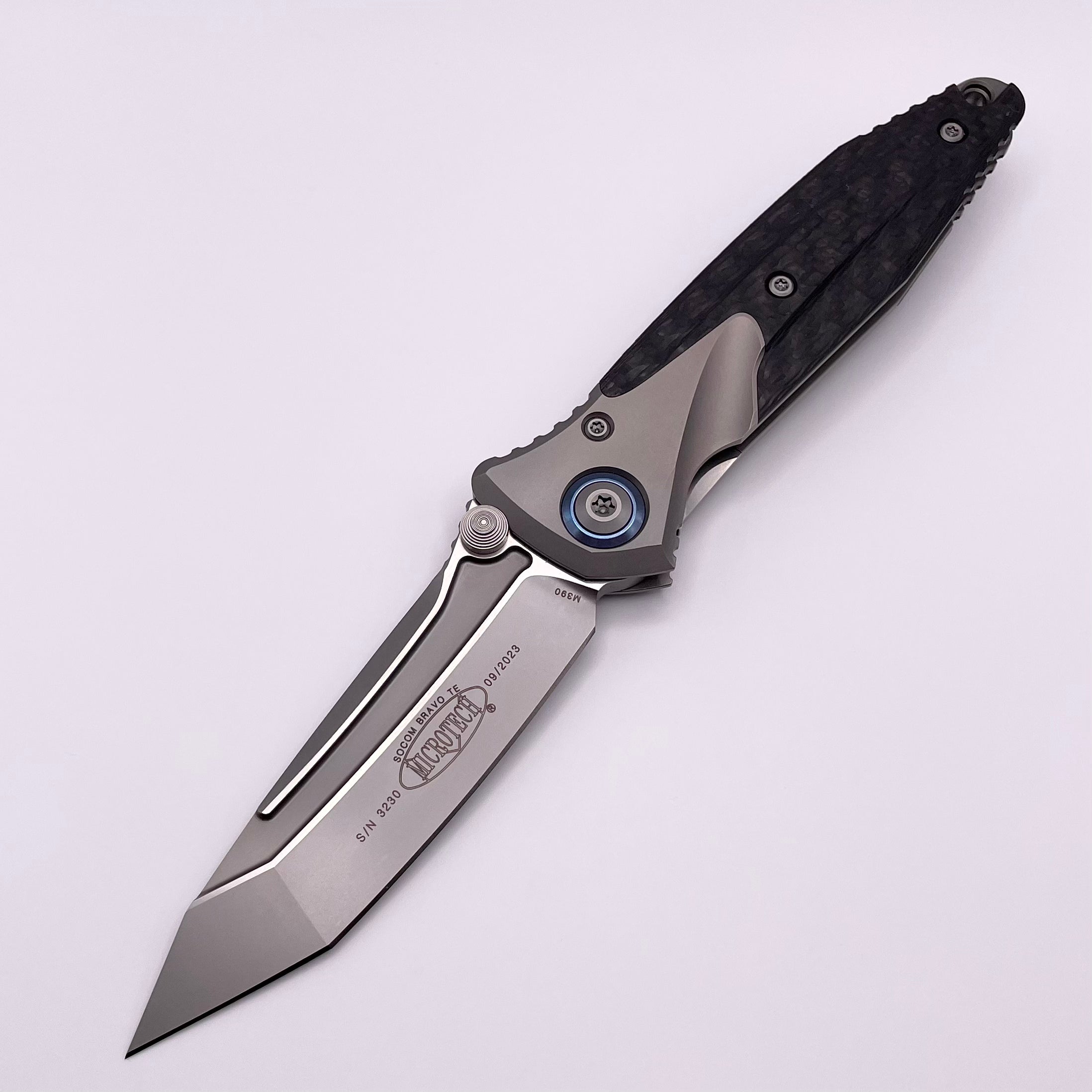 Premium Microtech Socom Bravo T/E Tactical Knife - Blue Ti Pivot & Carbon Fiber Scales