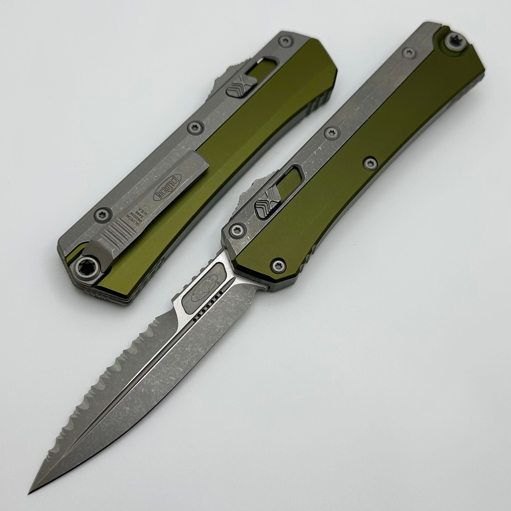 Premium Microtech Glykon Apocalyptic Bayonet - Partial Serrated Blade with OD Green Handle