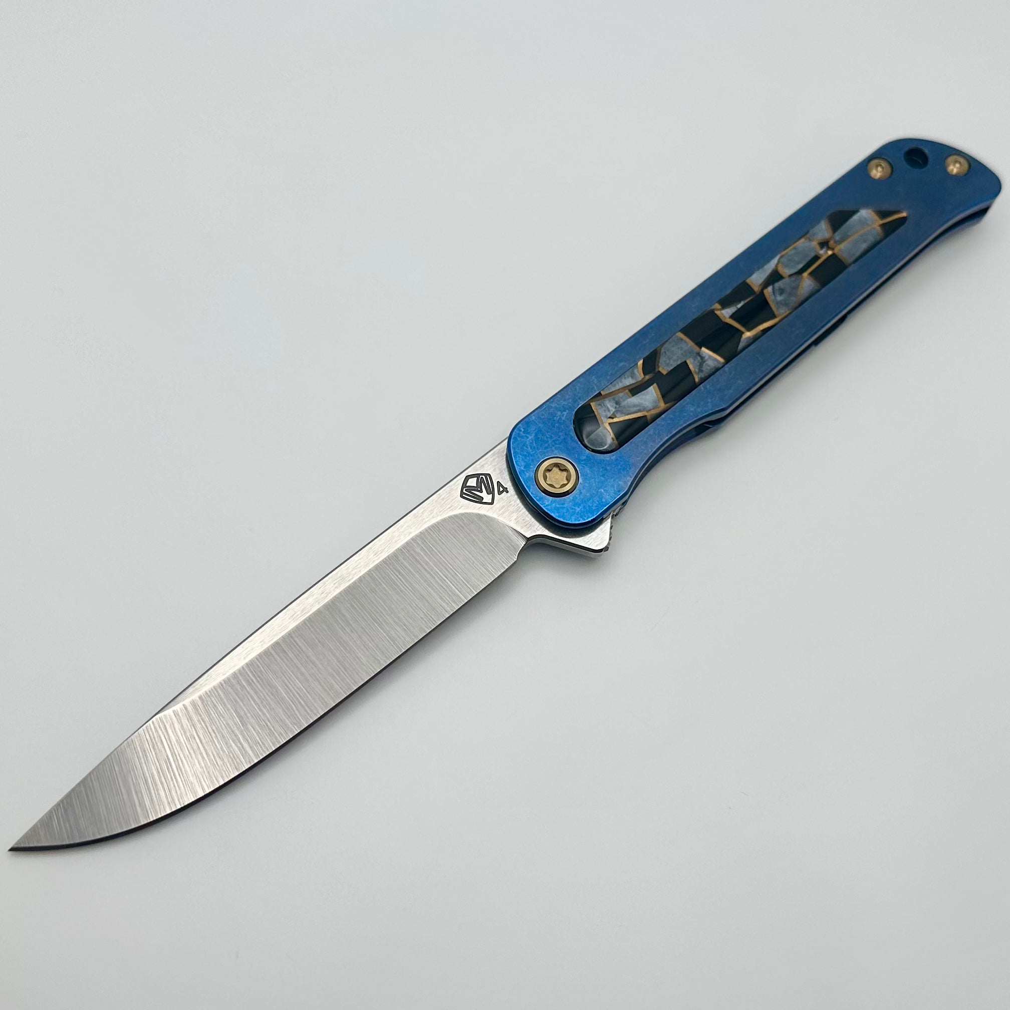 Medford T-Bone Blue Titanium Framelock Flipper - Premium Mosaic Inlaid Handles & Bronze Hardware