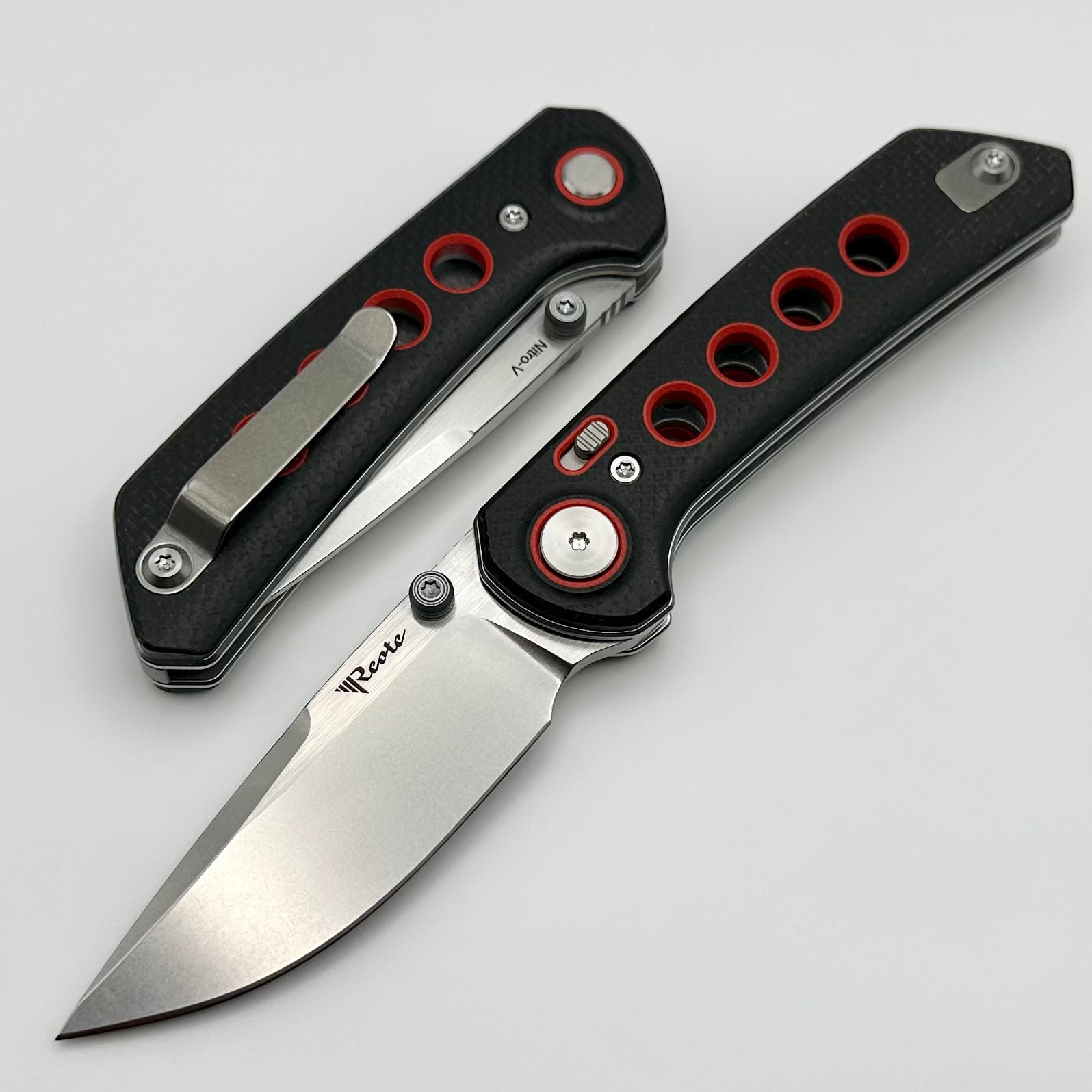 Reate Knives PL-XT Premium Folding Knife - Black Micarta with Red G-10 Inlays & Stonewash Nitro-V Blade