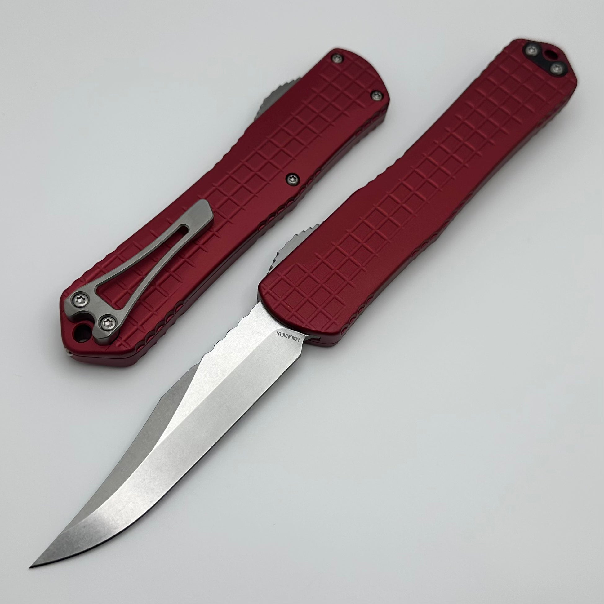 Heretic Knives Manticore X: Premium OTF Bowie Knife with Red Frag Handle & Stonewash Finish