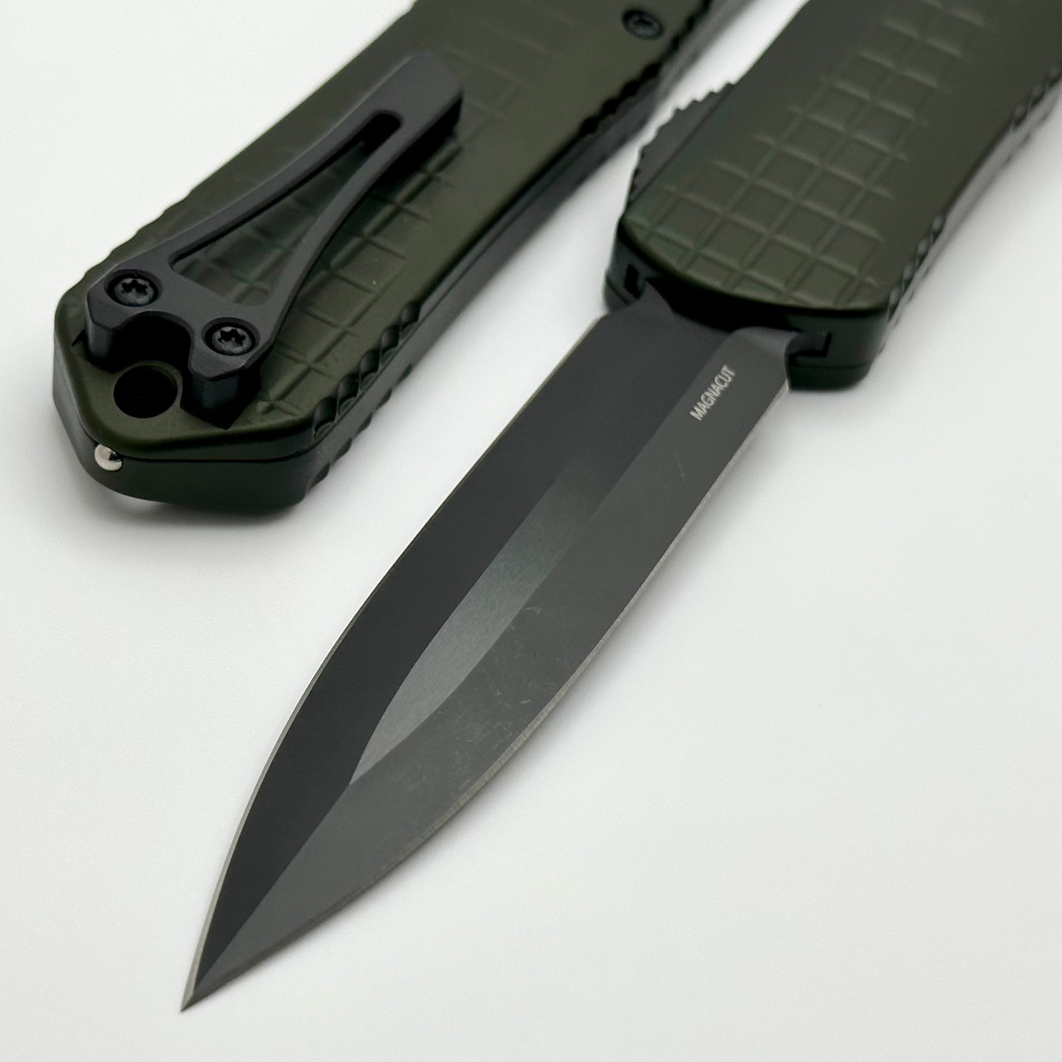 Heretic Knives Manticore X Premium OTF Knife - OD Green Frag Handle & DLC Double Edge MagnaCut