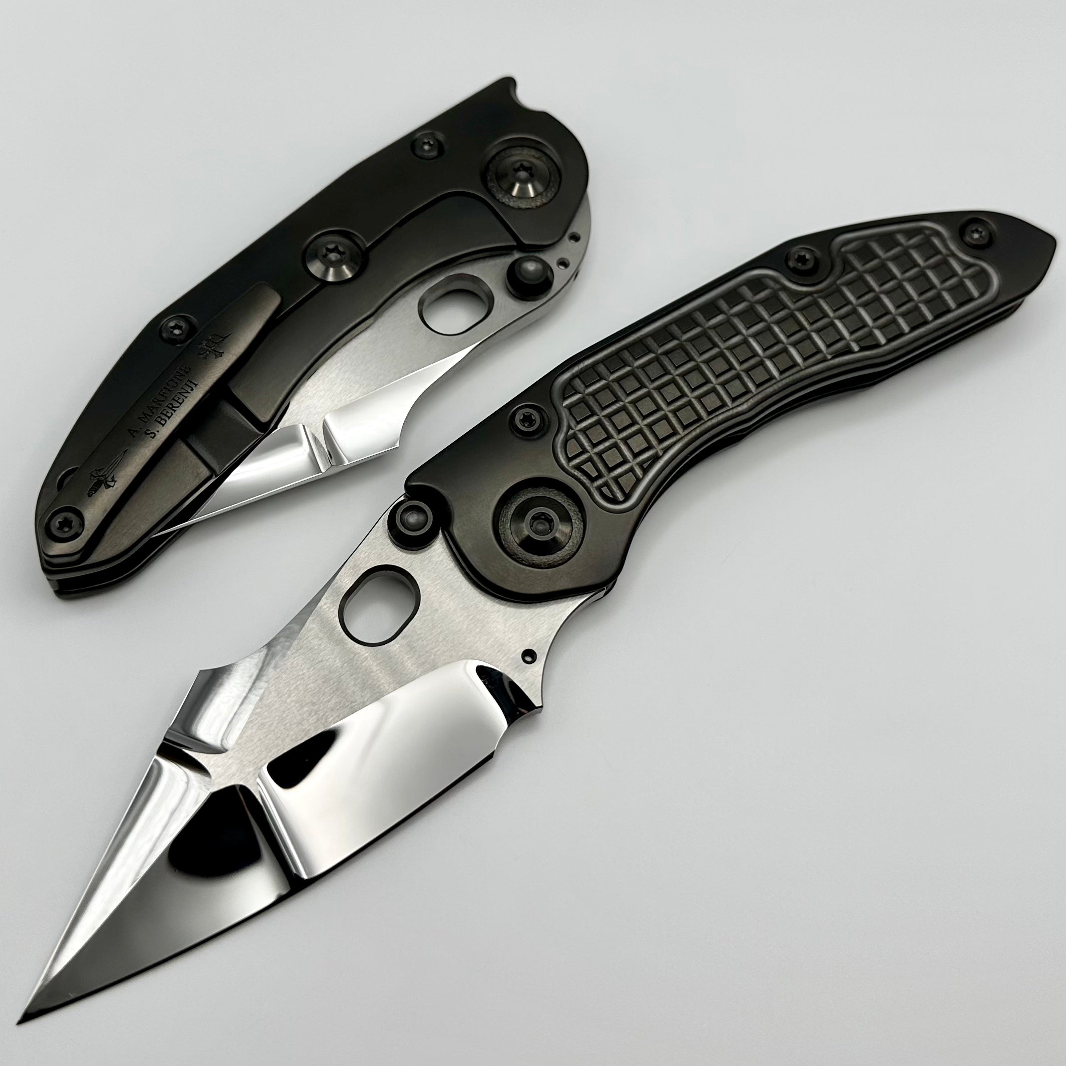 Marfione Custom Knives & Borka Blades Stitch Darkstar - Premium Liquid Metal Double Star Grind M390 & DLC Frag Titanium