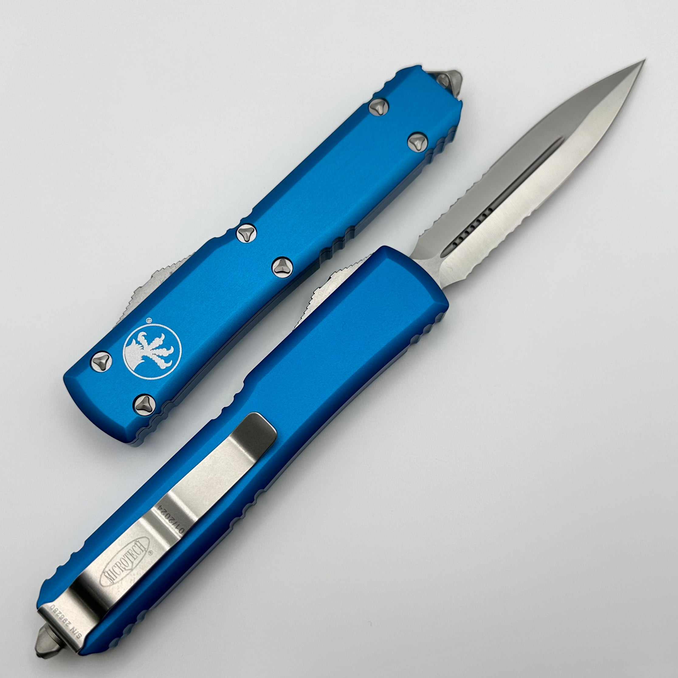 Microtech Ultratech Premium Double Edge OTF Knife - Satin Partial Serrated & Blue Finish