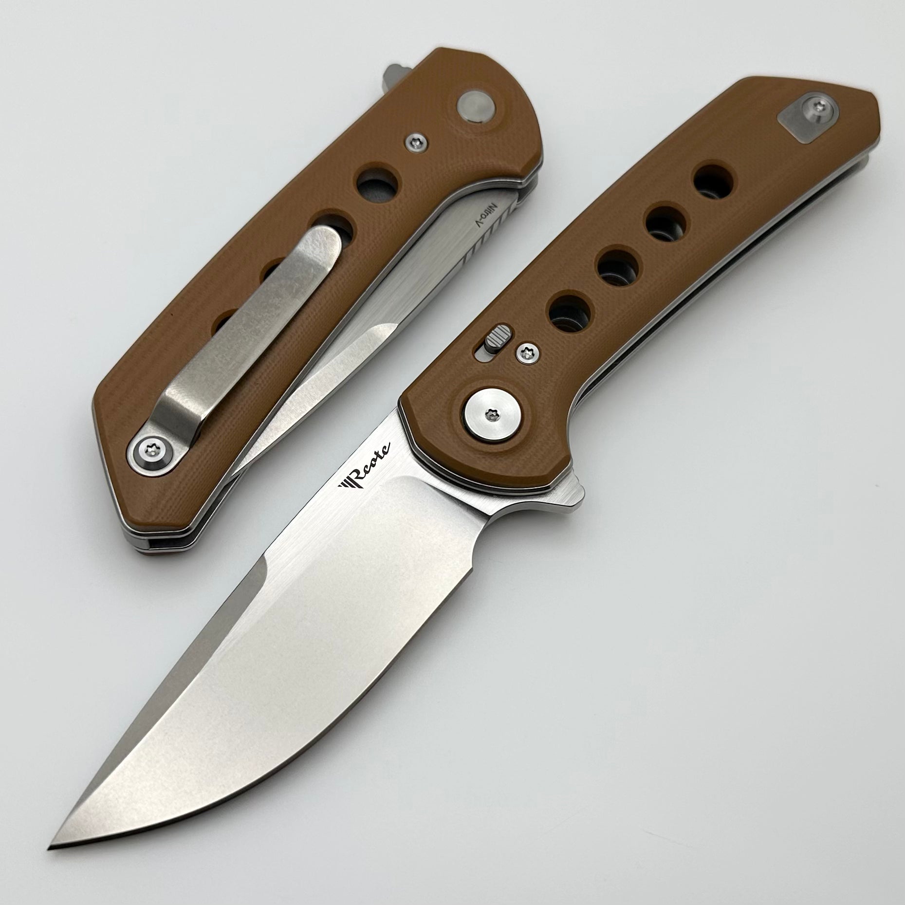 Reate Knives PL-XF Premium Folding Knife - Tan G-10 Handles & Stonewash Nitro-V Blade