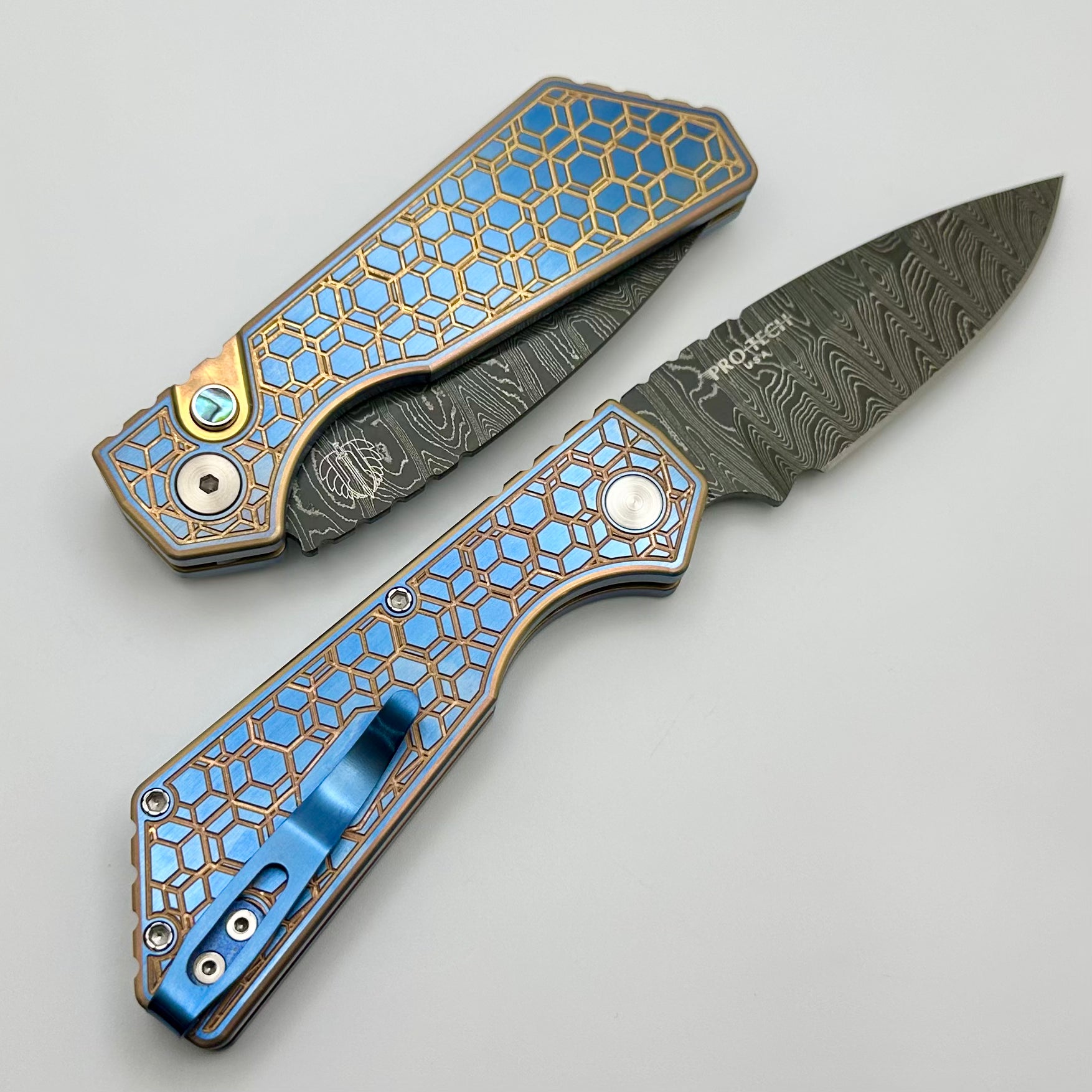 Pro-Tech PT Plus 2024 Custom: Premium Damascus Blade with Titanium Gridlock Handle & Abalone Button