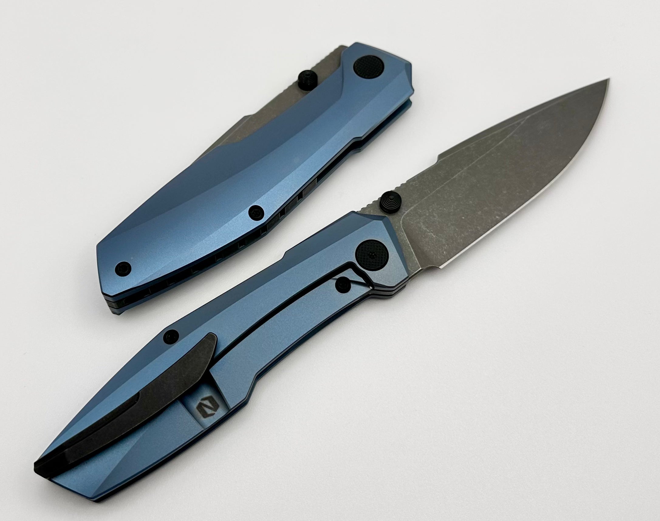 Null Knives Raiden Premium EDC Knife - Blue Anodized Titanium & Acid Washed M390 Blade