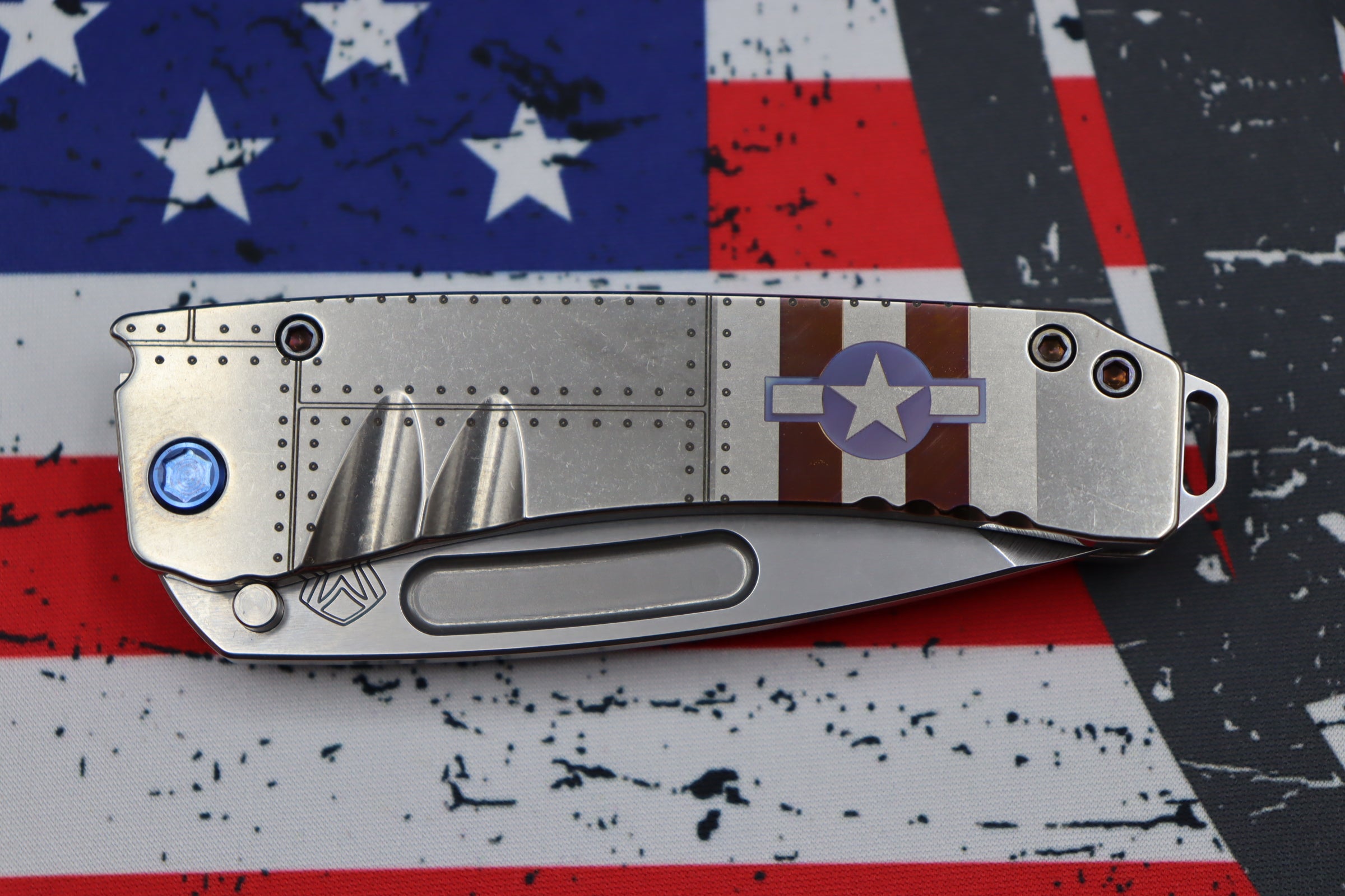 Medford Midi Marauder S35 Tanto Folding Knife with Tumbled Stars & Bars Handle and Blue Hardware - Premium EDC Companion