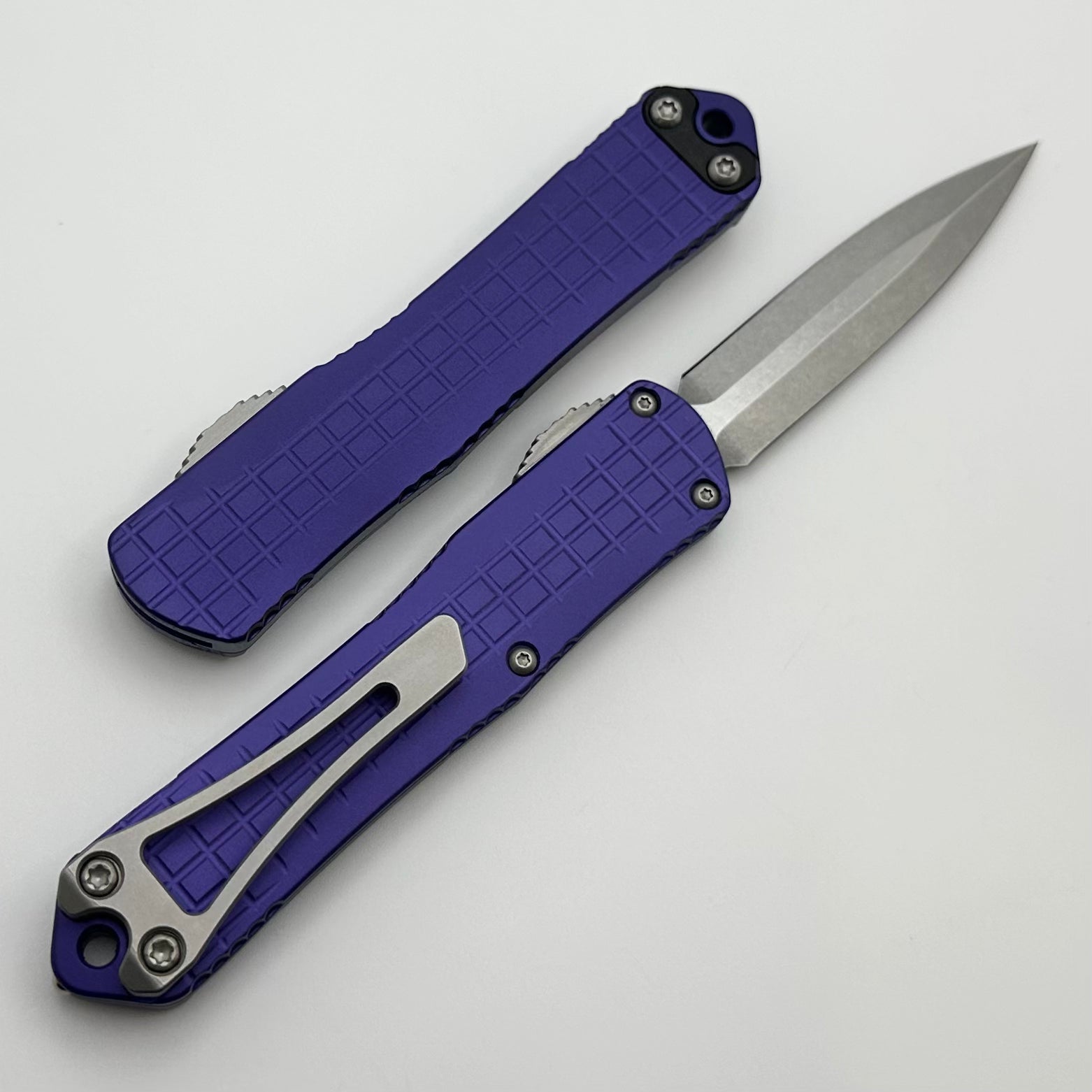 Heretic Knives Manticore S Premium OTF Pocket Knife - Purple Frag Grenade Grip & Stonewash Magnacut Blade