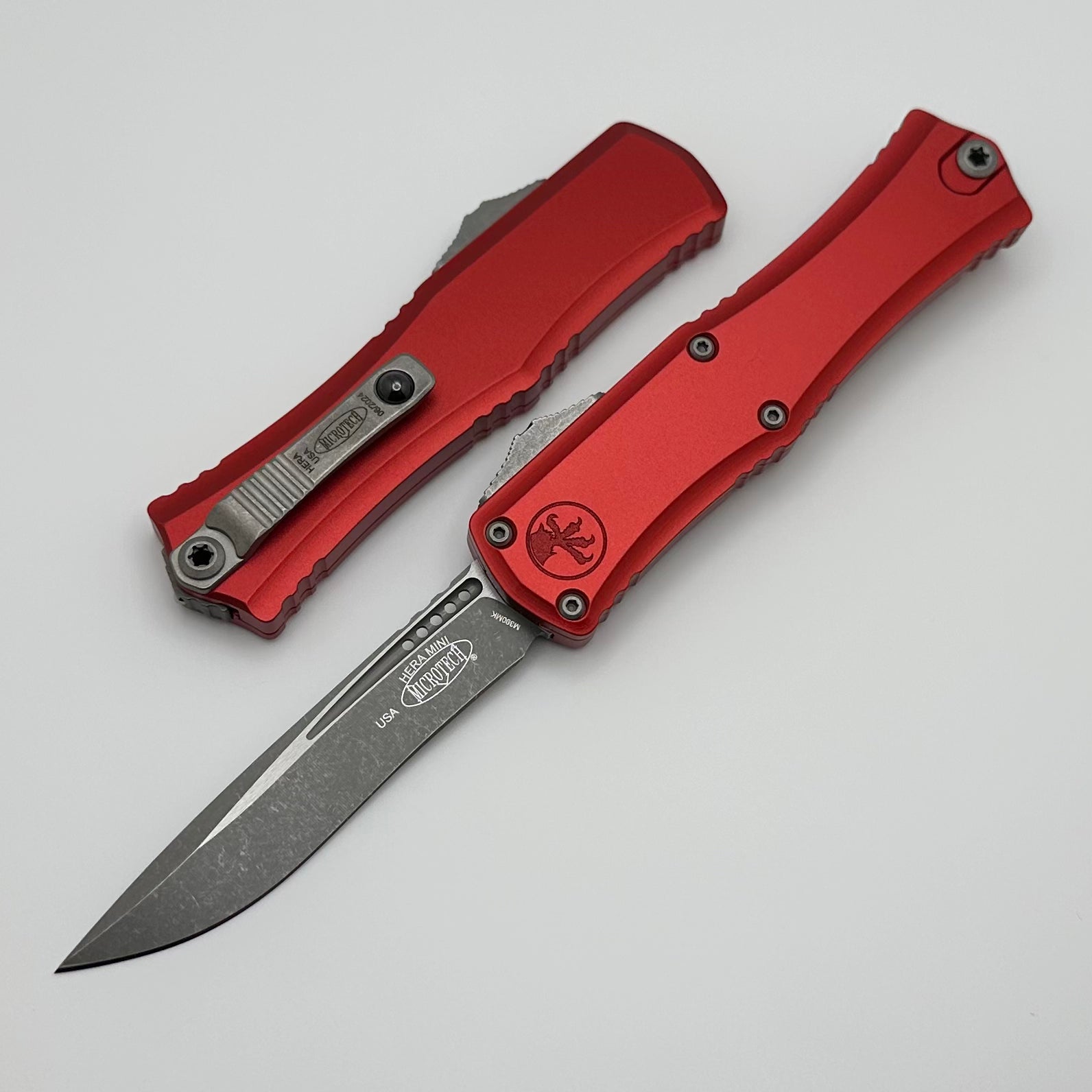 Microtech Premium Mini Hera Apocalyptic Recurve Knife - Red Handle, M390MK Steel
