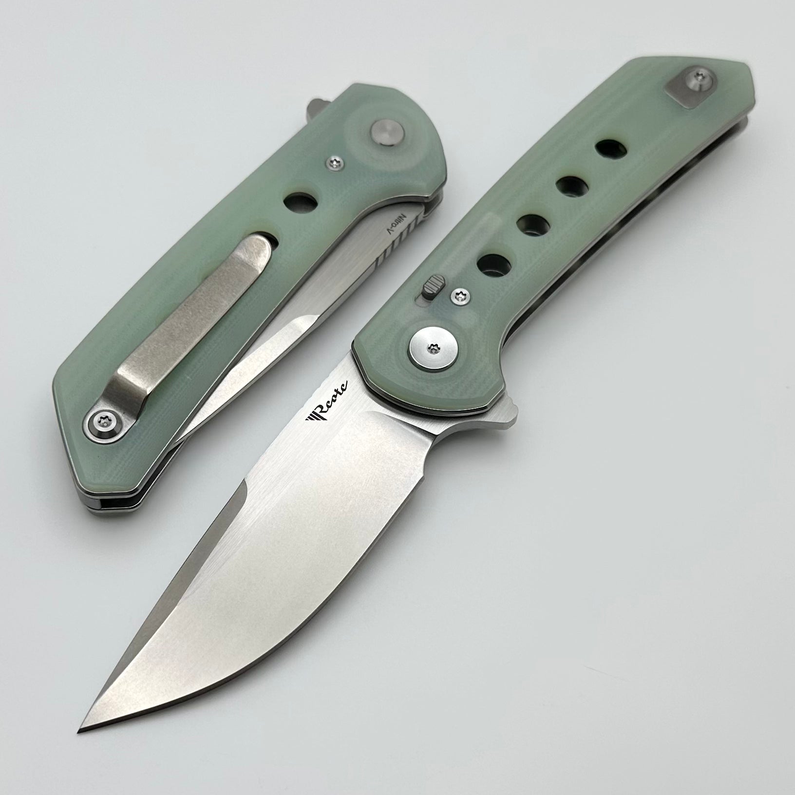 Reate Knives PL-XF Premium Folding Knife - Jade G-10 Handles & Stonewash Nitro-V Blade