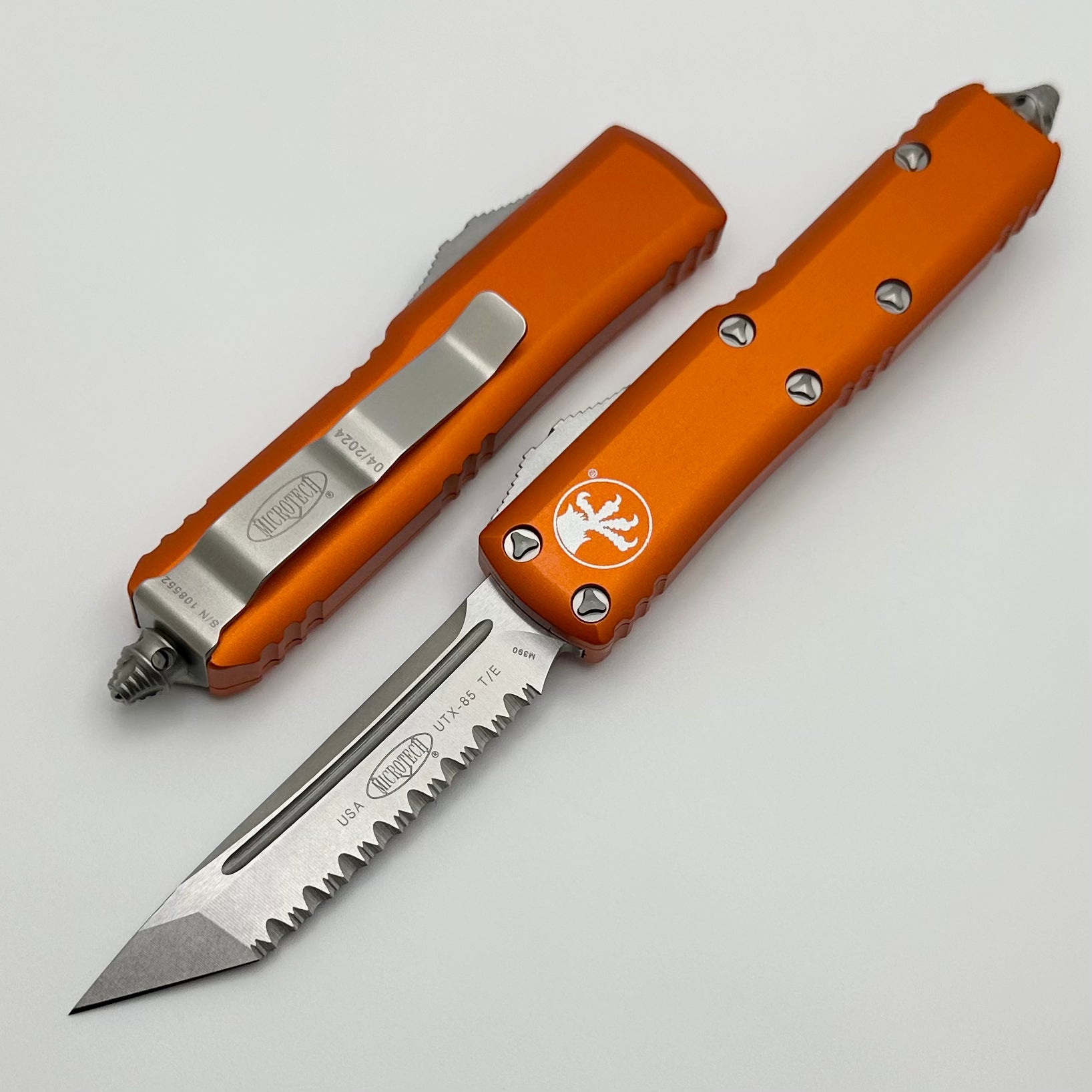 Microtech UTX-85 Tanto Tactical EDC Knife - Stonewash Full Serrated & Orange Handle