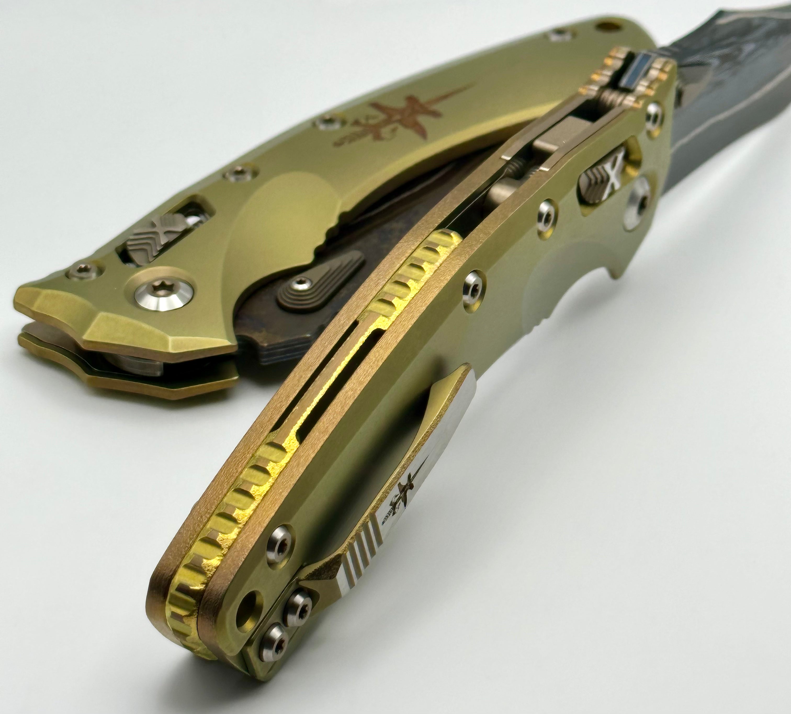 Marfione Custom Amphibian RAM-LOK Terraform Knife - Premium Damascus & Gold Titanium Design