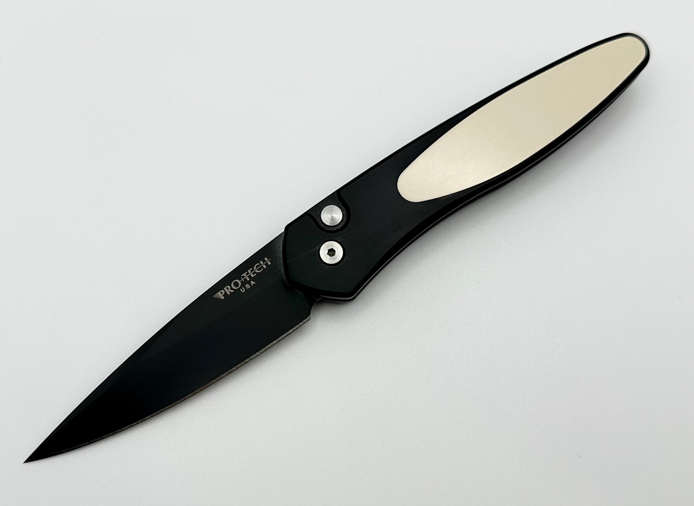 Premium Pro-Tech Newport Knife: Black DLC S35VN Blade with White Micarta Inlay