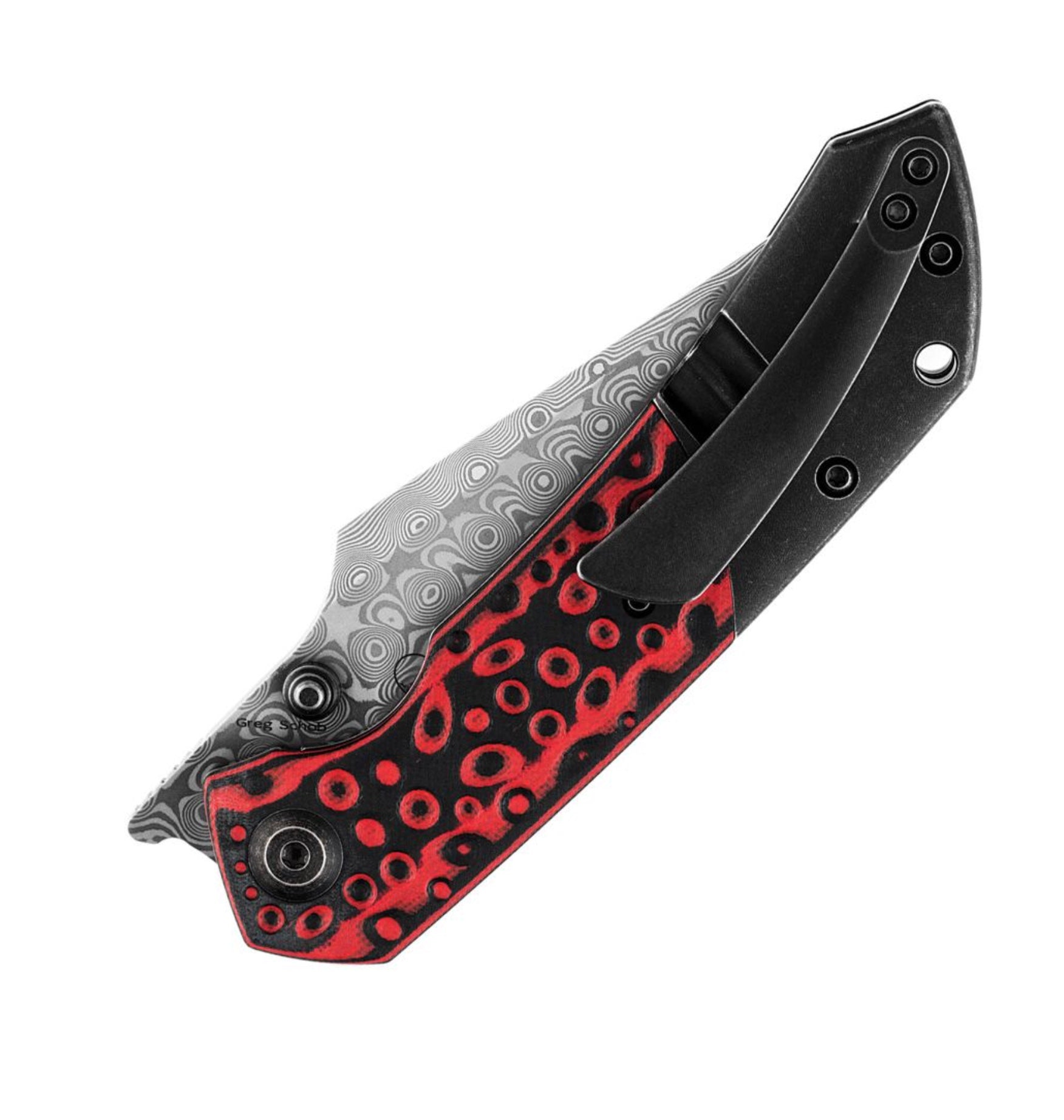 Kansept Fenrir Ultimate EDC Knife - Red Swirl G-10/Titanium & Damascus Blade