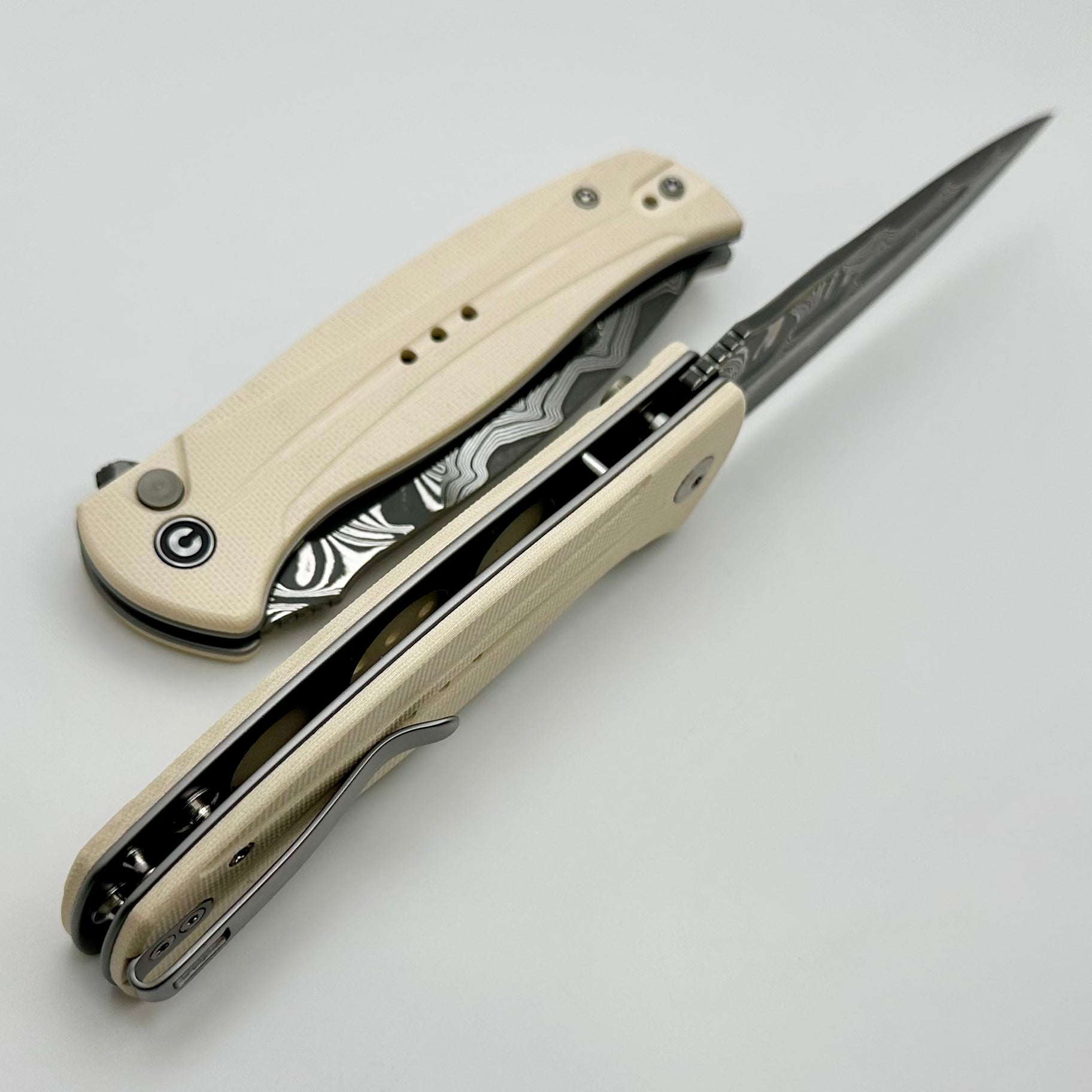 Civivi Incendie Premium Button Lock Flipper Knife with Ivory/White G-10 Handles & Damascus Blade