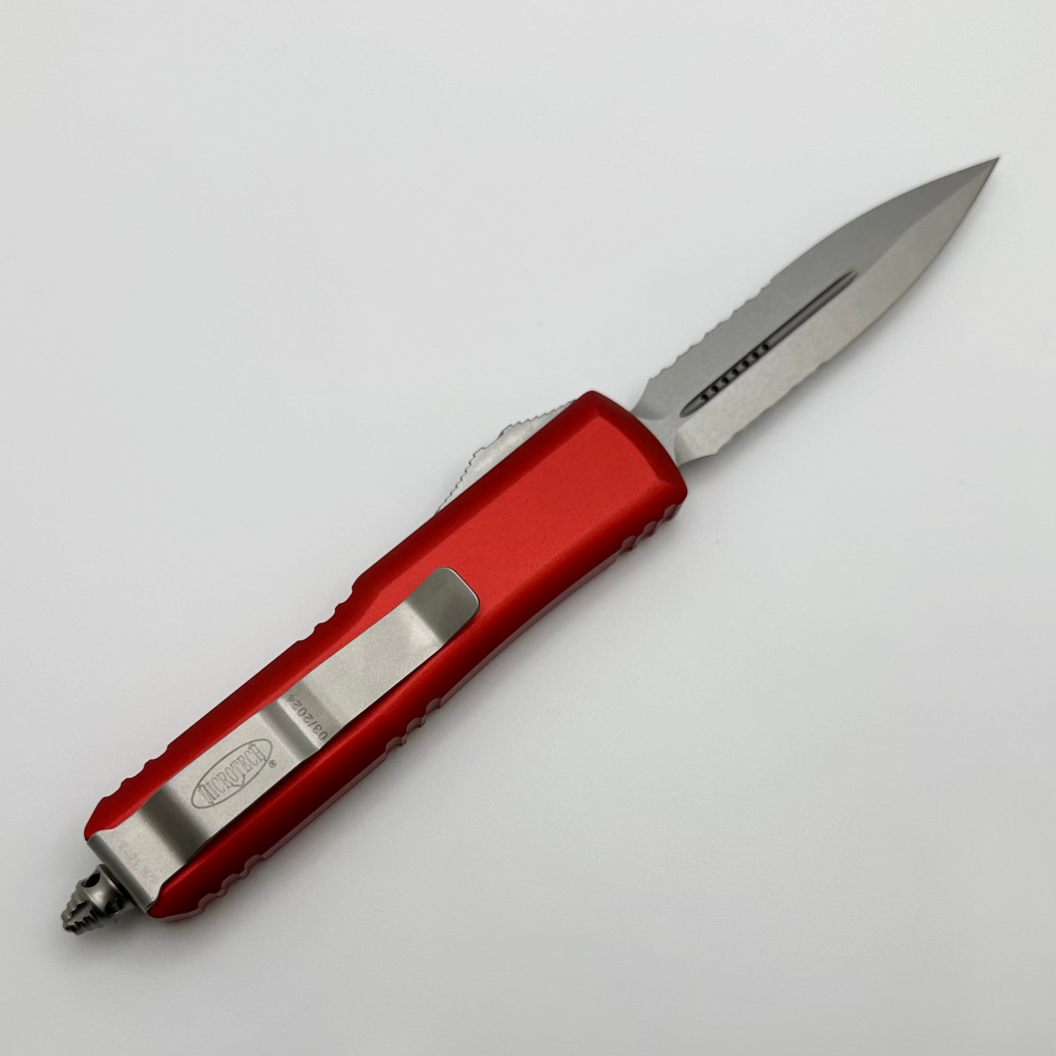 Microtech UTX-85 Premium EDC Knife - Double Edge Stonewash with Red Handle