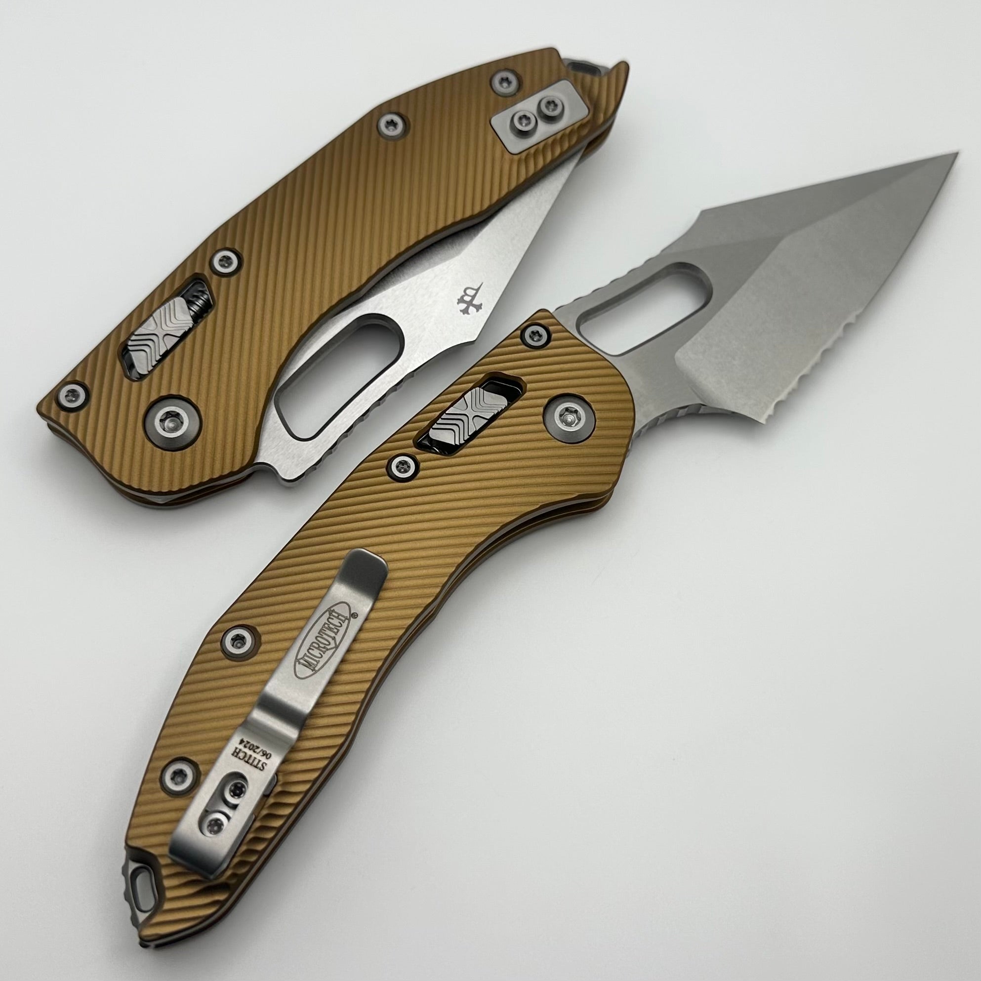 Premium Microtech Stitch RAM LOK Knife - Tan Aluminum, Partial Serrated M390MK